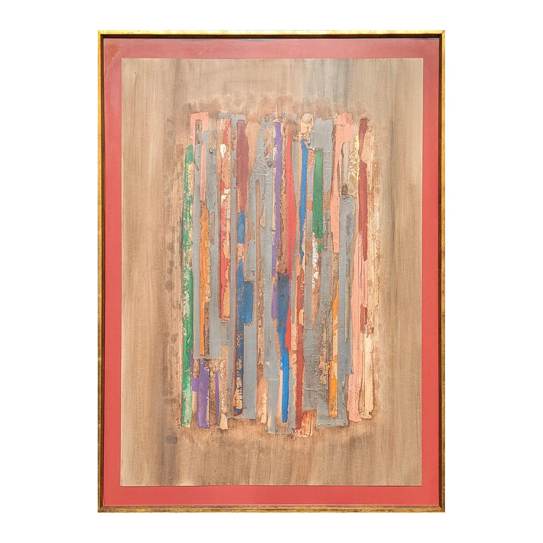 Modern red, blue, green, and yellow mixed media abstract painting by the artist Bert Millar. The work features vertical stripes of various colors set against a light grey wash of color. Signed and dated in the front lower right corner as well as