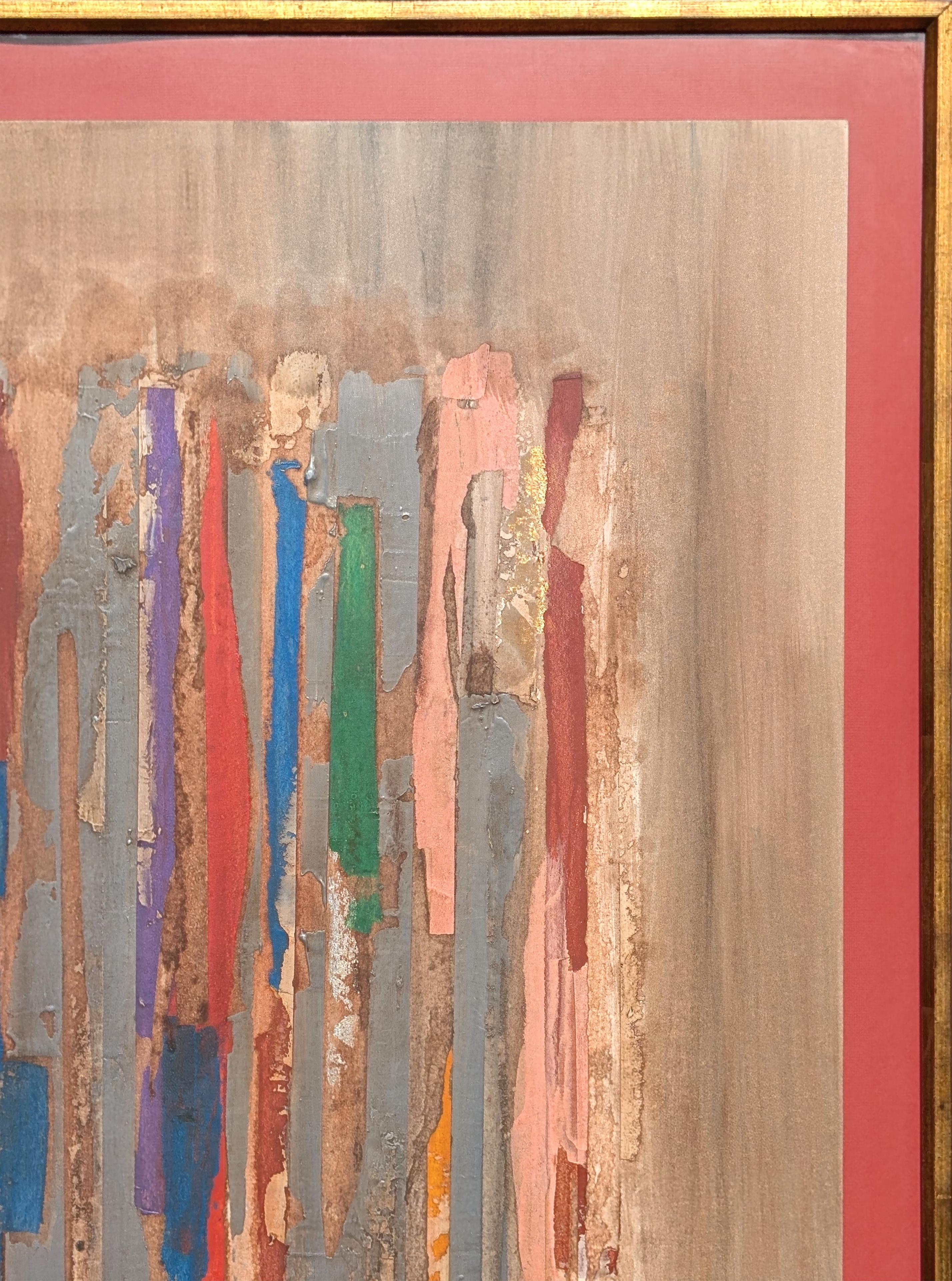 Modern Red, Blue, Green, & Yellow Mixed Media Abstract Linear Painting For Sale 2
