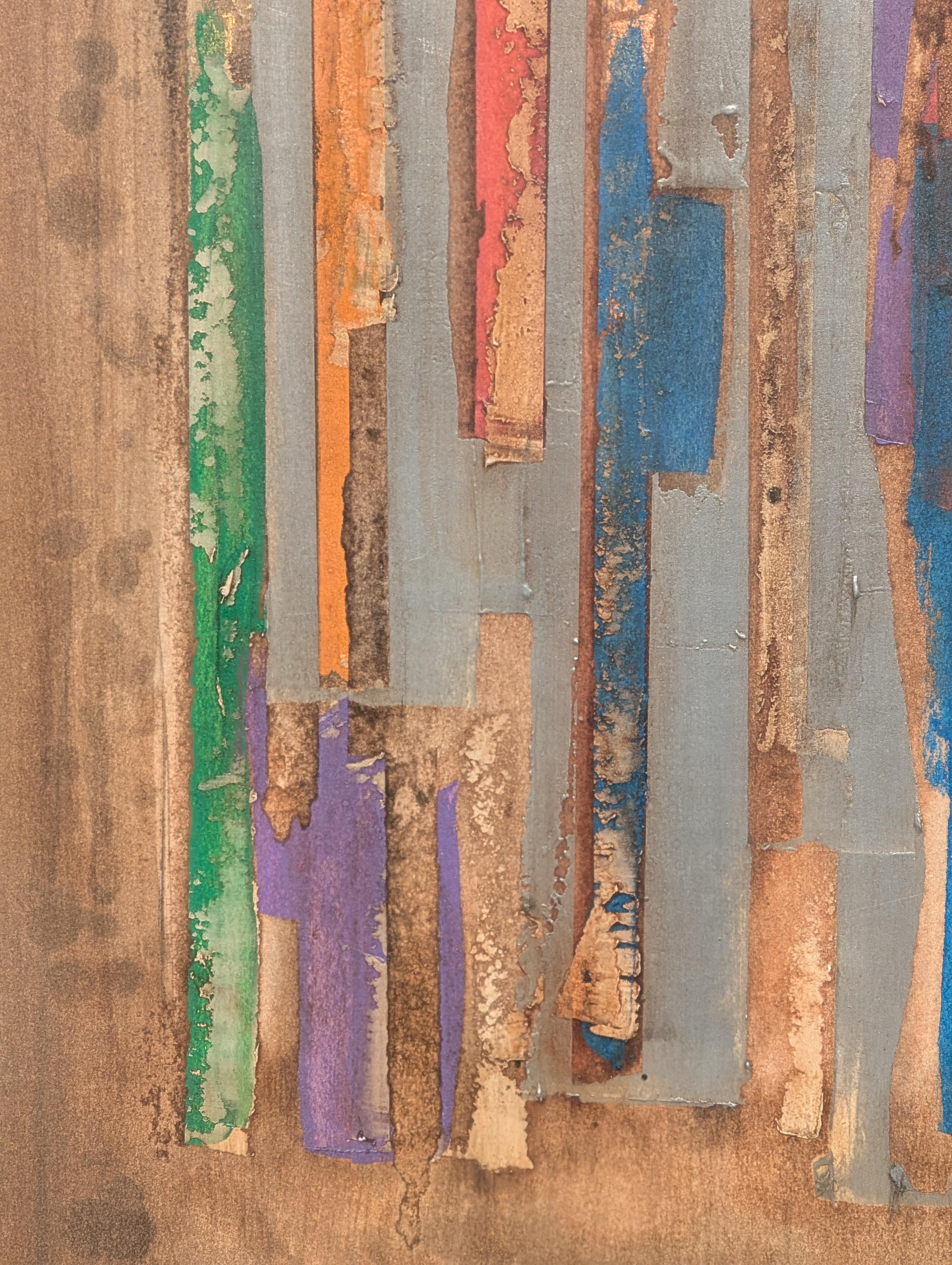 Modern Red, Blue, Green, & Yellow Mixed Media Abstract Linear Painting For Sale 5