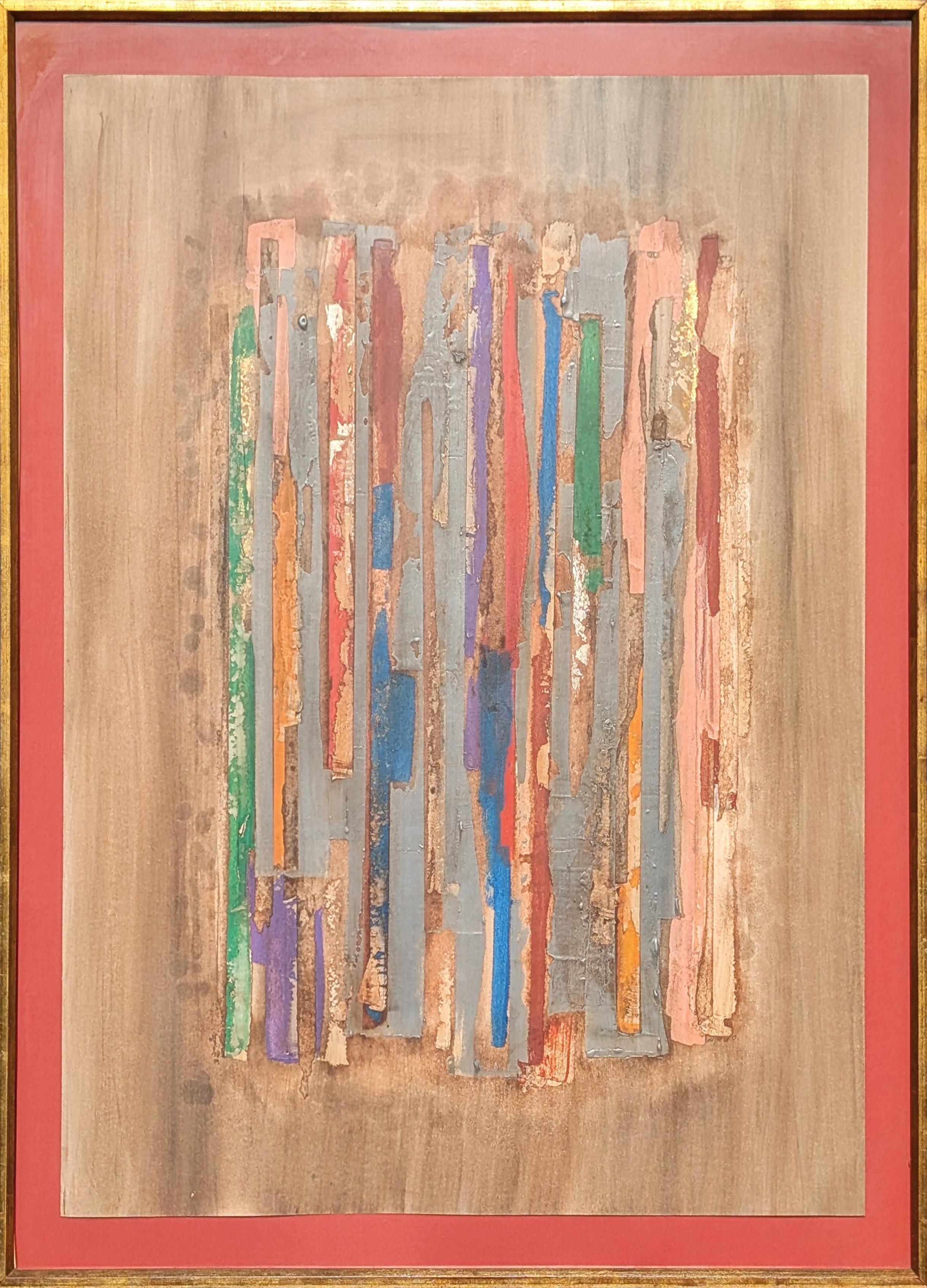 Modern Red, Blue, Green, & Yellow Mixed Media Abstract Linear Painting - Mixed Media Art by Bert Millar