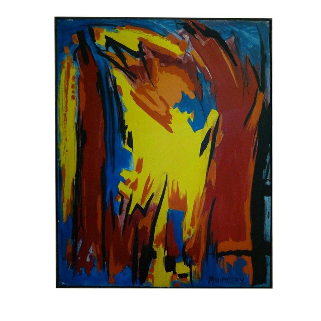 Kühnes und grafisches abstraktes Öl auf Leinwand in Blau, Gelb, Rot und Orange aus dem Nachlass von Bert Miripolsky Der amerikanische Künstler Miripolsky studierte in den frühen 1940er Jahren Malerei am Chicago Art Institute und stellte seit 1945