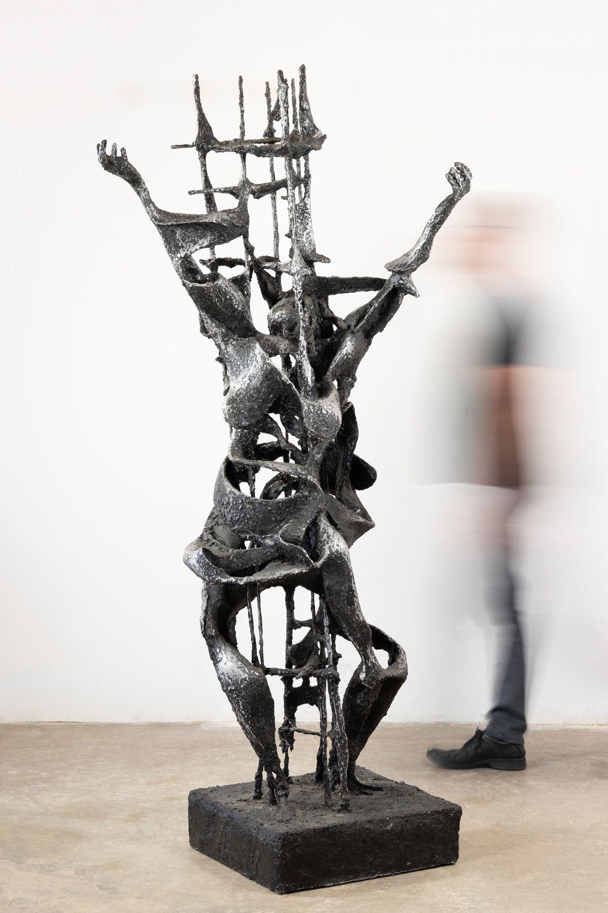 Brutalist abstract sculpture in steel and aluminum by renowned Israeli sculptor Bert Schwartz titled 
