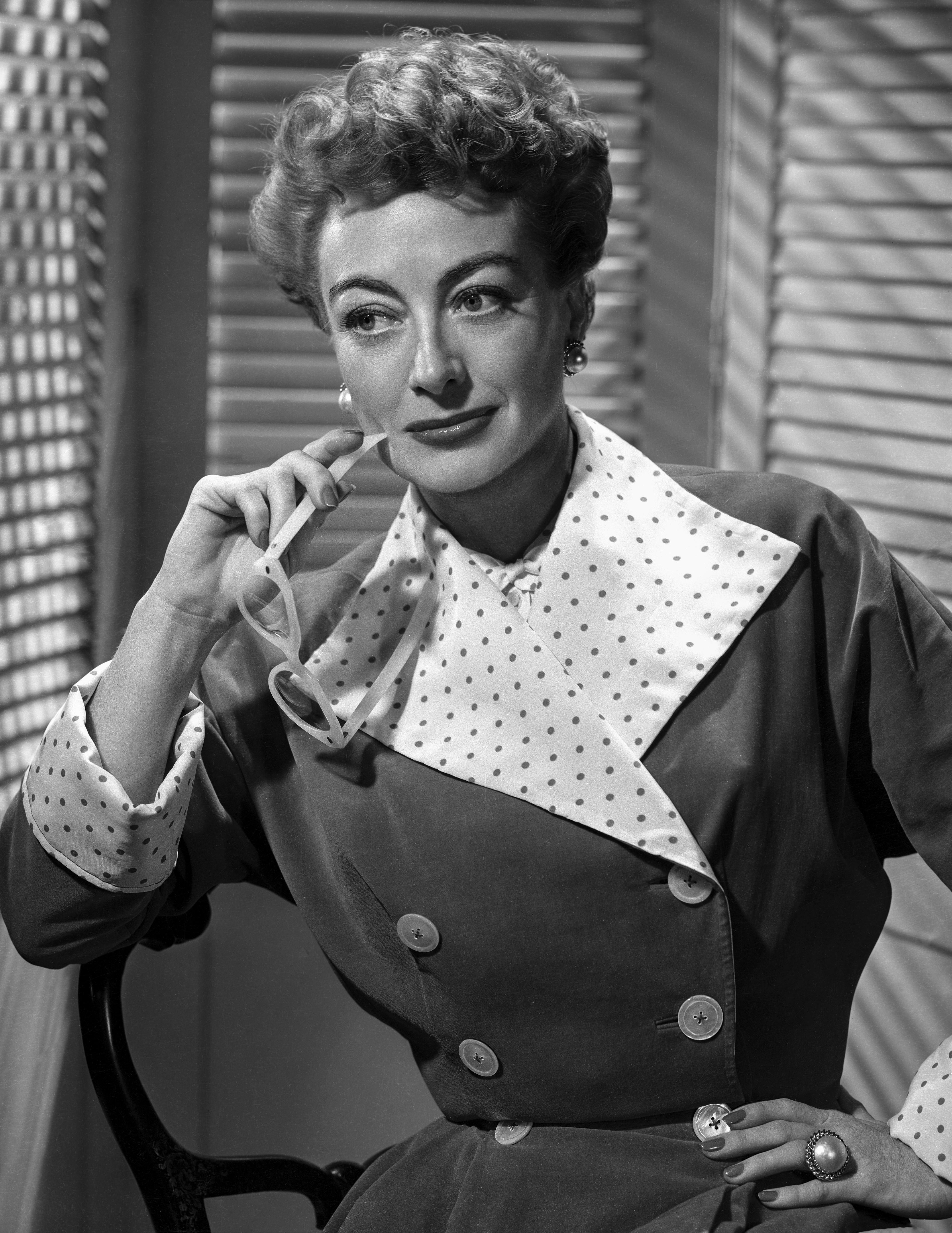 Bert Six Black and White Photograph - Joan Crawford Smiling with Glasses Movie Star News Fine Art Print