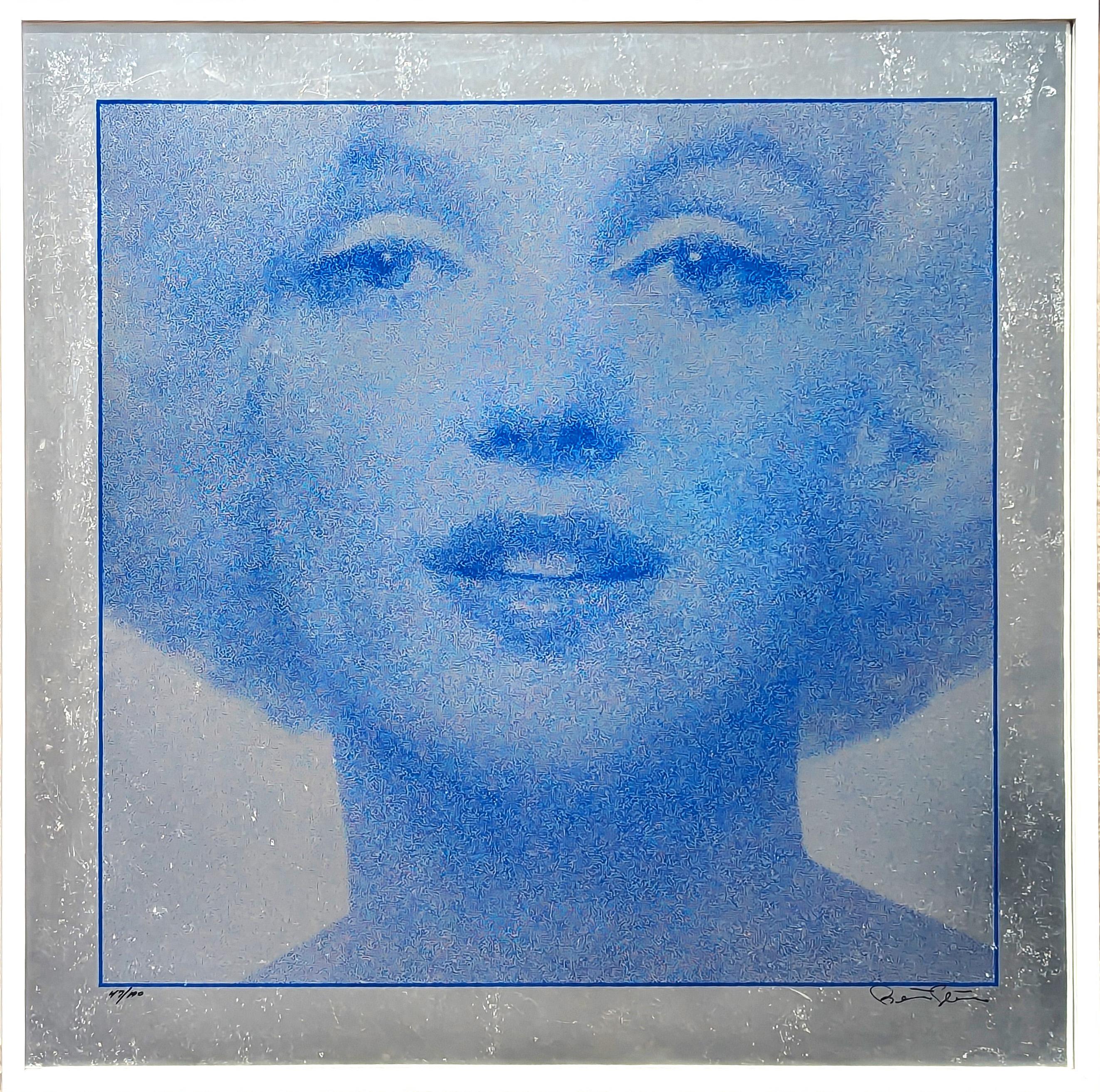 Marilyn (Head Shot) Blauer Siebdruck mit Porträtdruck auf Silberfolie, Ed. 47/100