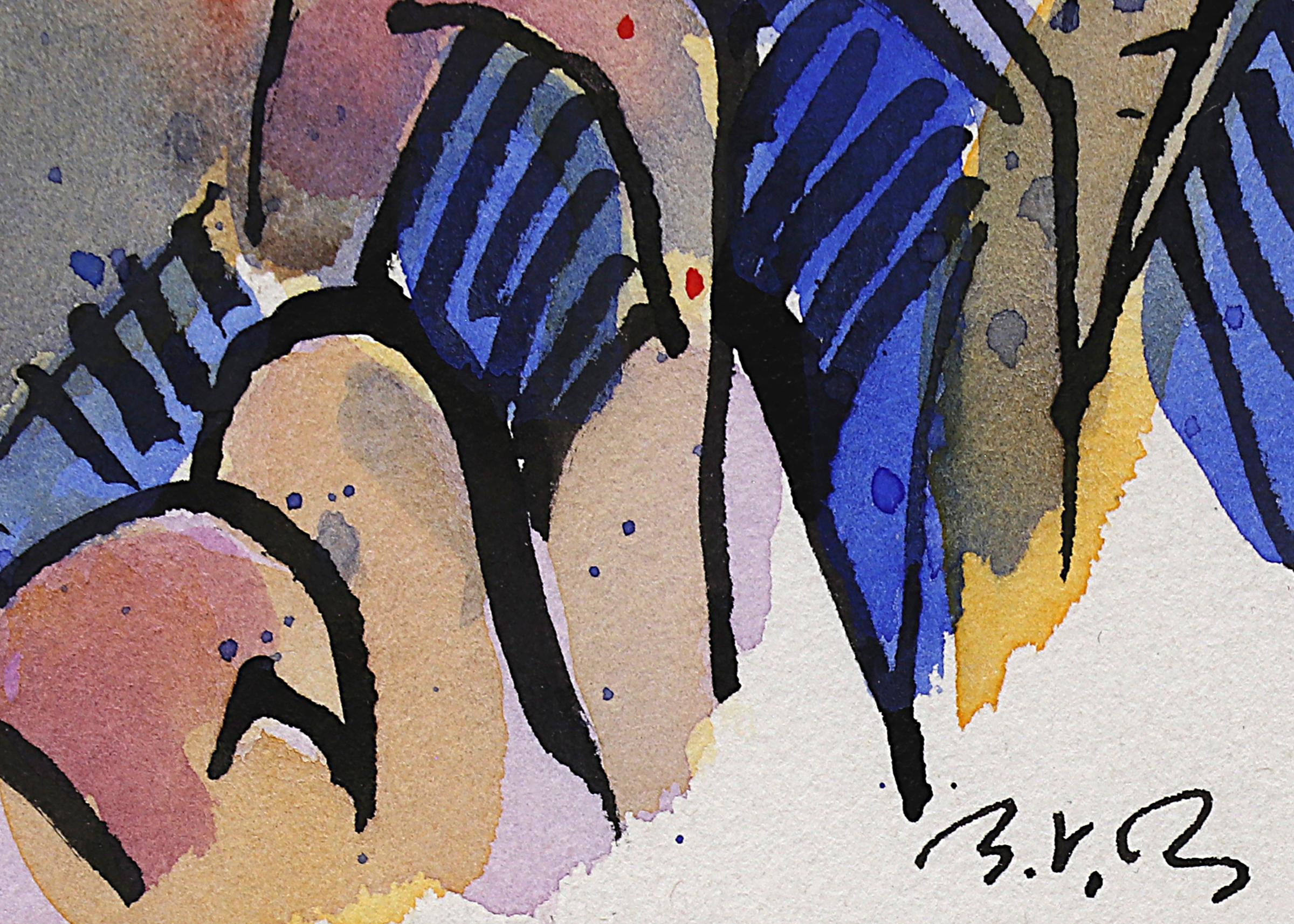 Walpi #4 - Acquerello originale semi-astratto del paesaggio sud-occidentale a tecnica mista - Painting Astratto di Bert Van Bork