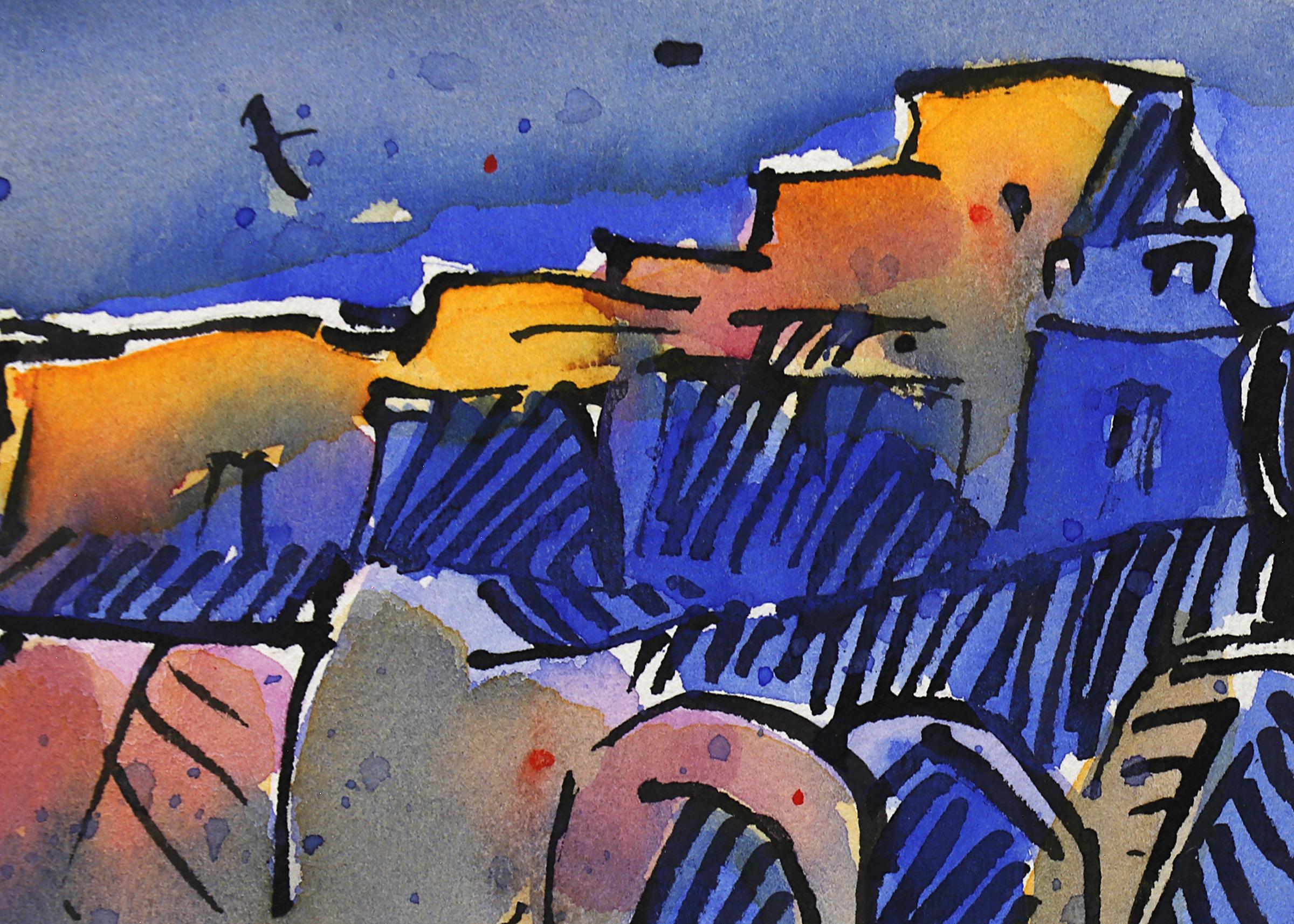 Walpi #4 - Acquerello originale semi-astratto del paesaggio sud-occidentale a tecnica mista - Landscape Painting Grigio di Bert Van Bork