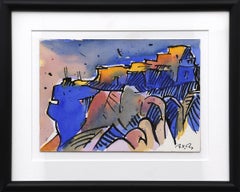 Walpi #4 - Original halb-abstrakte südwestliche Landschaftslandschaft, Aquarell in Mischtechnik, Original