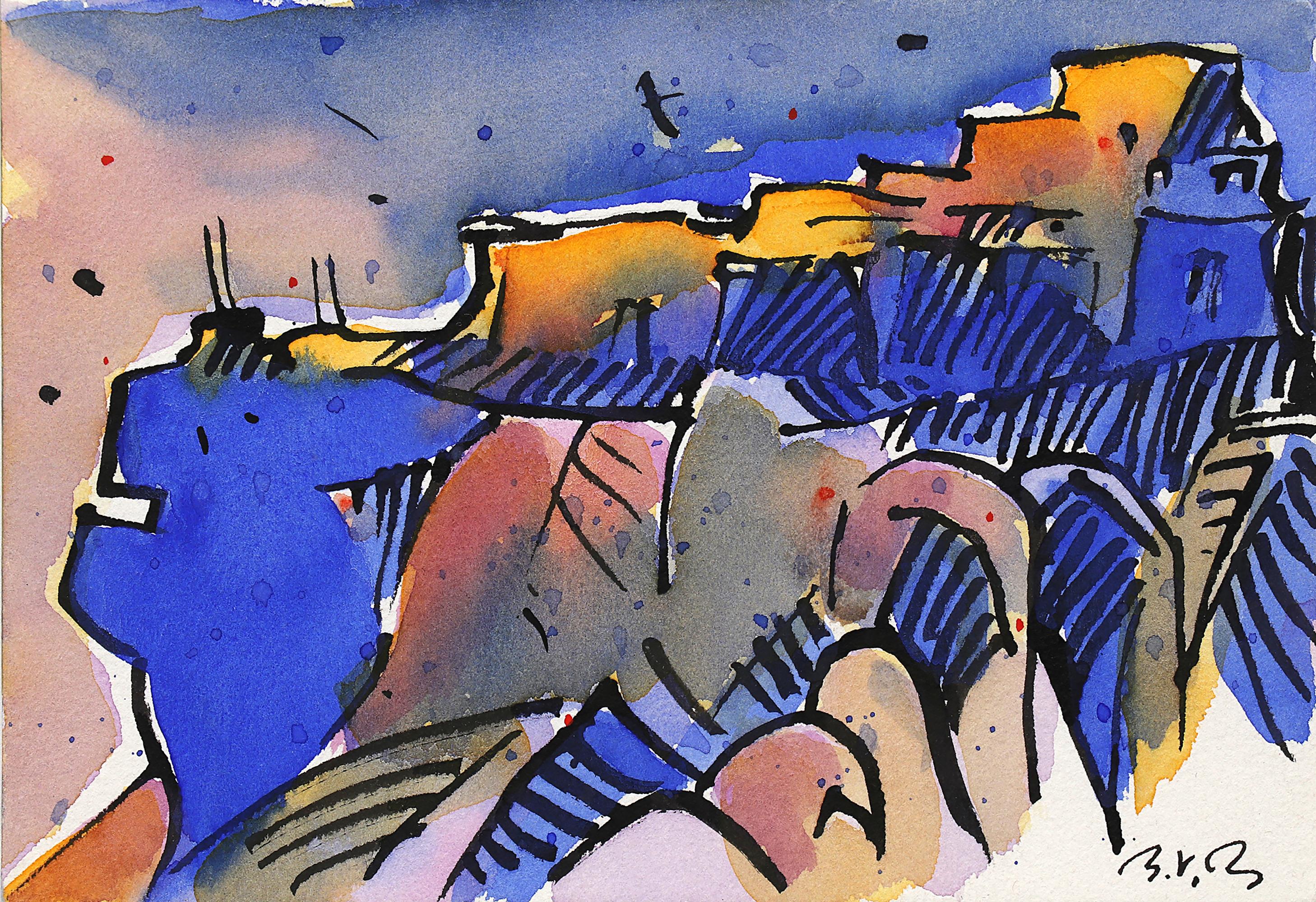 Walpi #4 - Original Semi-Abstract Southwestern Landscape Watercolor Mixed Media