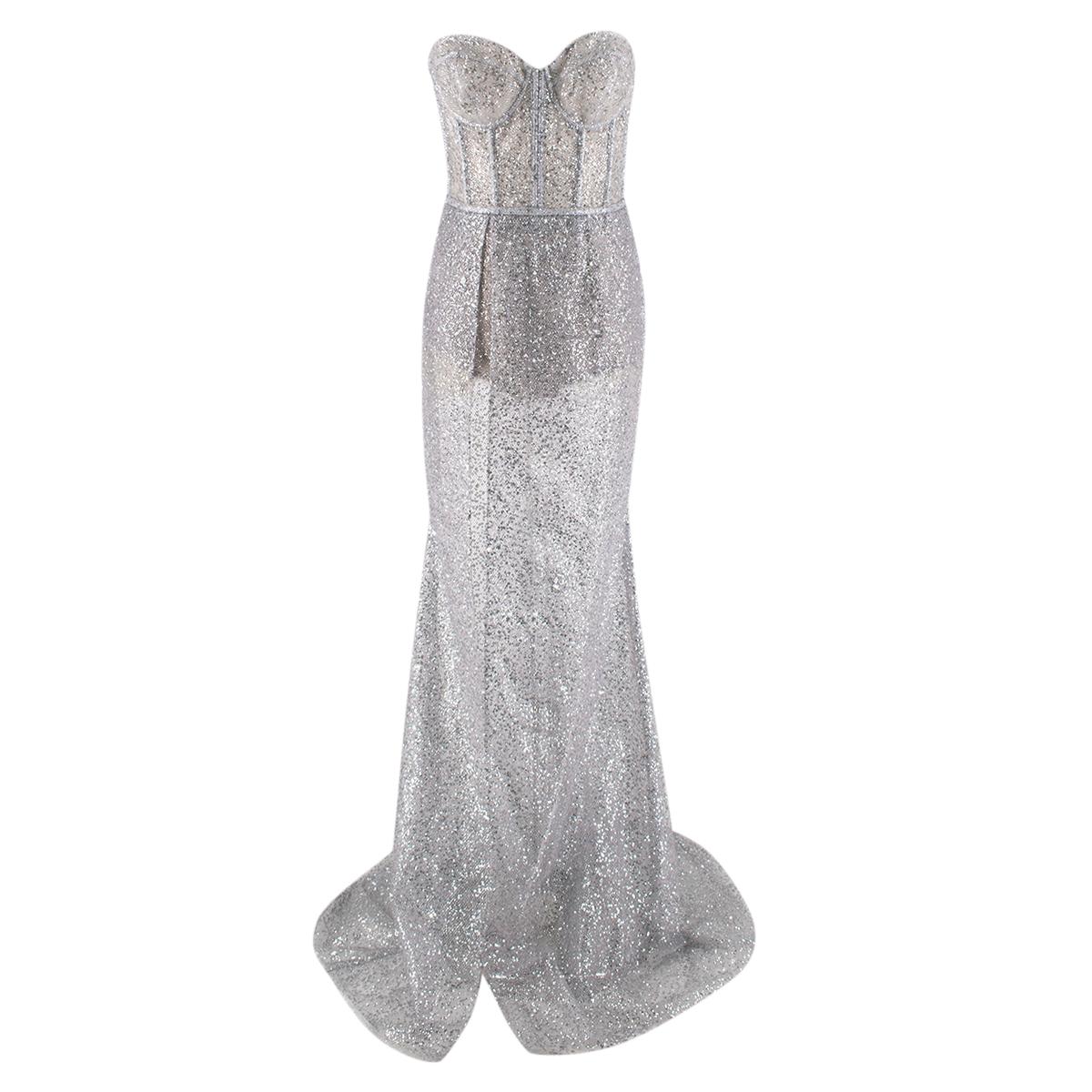 Berta Embellished Silver Mesh Strapless Corset Dress

- A unique couture dress from Berta's evening collection from season Fall/Winter 2019
- The sleeveless dress has a slim fit body with nude lining and a long layers of material 

Dry cleaning only