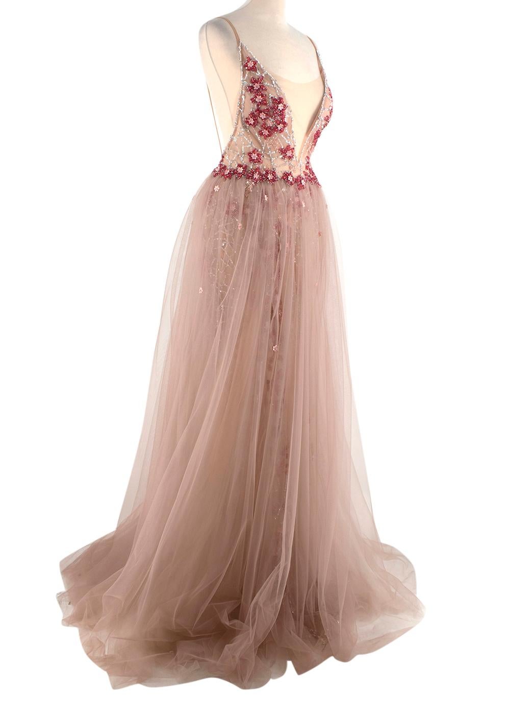 Berta Nude Tulle Plunge Neck Pink & Red Beaded Evening Gown

- Style 19-55 from FW19 Evening collection
- Illusion tulle column-style dress with deep, plunging v-neck
- Plunge neckline backed with illusion tulle for modesty and stability
-