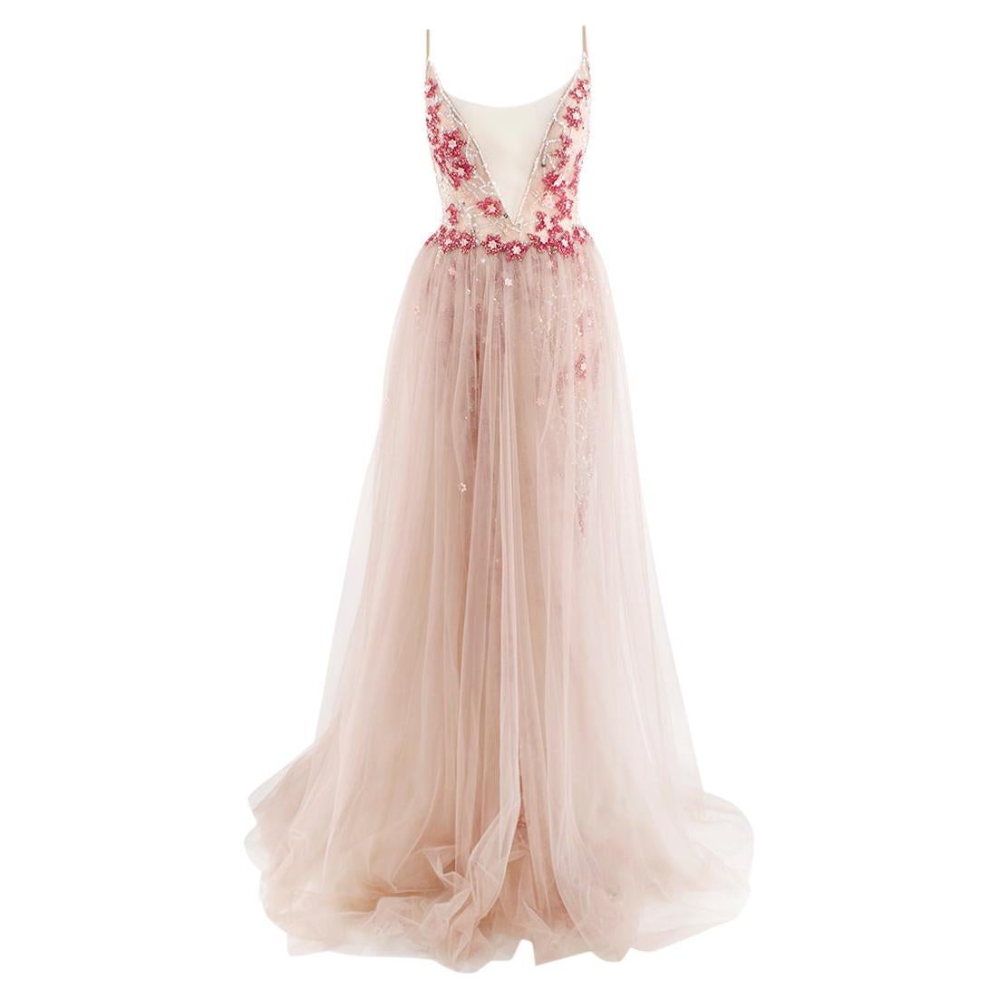 Berta Nude Tulle Plunge Neck Pink & Red Beaded Evening Gown - US 8 For Sale
