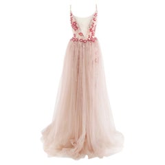 Berta Nude Tulle Plunge Neck Pink & Red Beaded Evening Gown - US 8