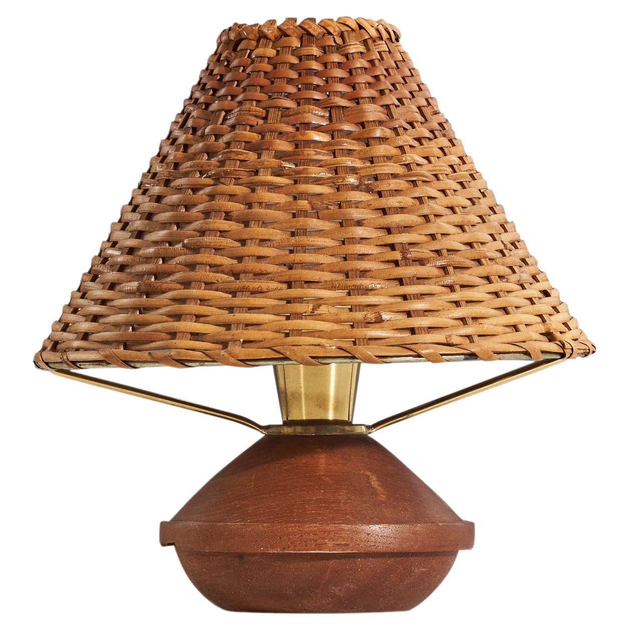 Bertel Gardberg, Table Lamp, Teak, Brass, Rattan, Lival Oy, Finland, 1960s