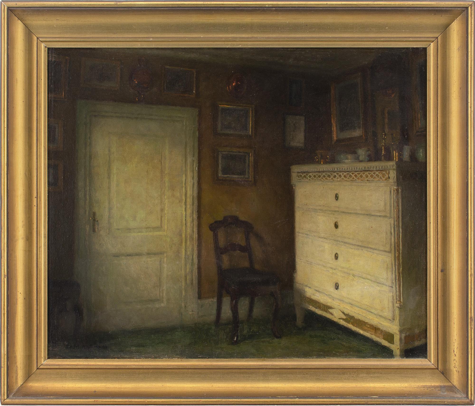 This early 20th-century oil painting by Danish artist Bertel Hansen-Svaneke (1883-1937) depicts an interior with chest of drawers, chair and gilt-framed artworks.

Hansen-Svaneke treasured introspective moments of quiet solitude. When silence is