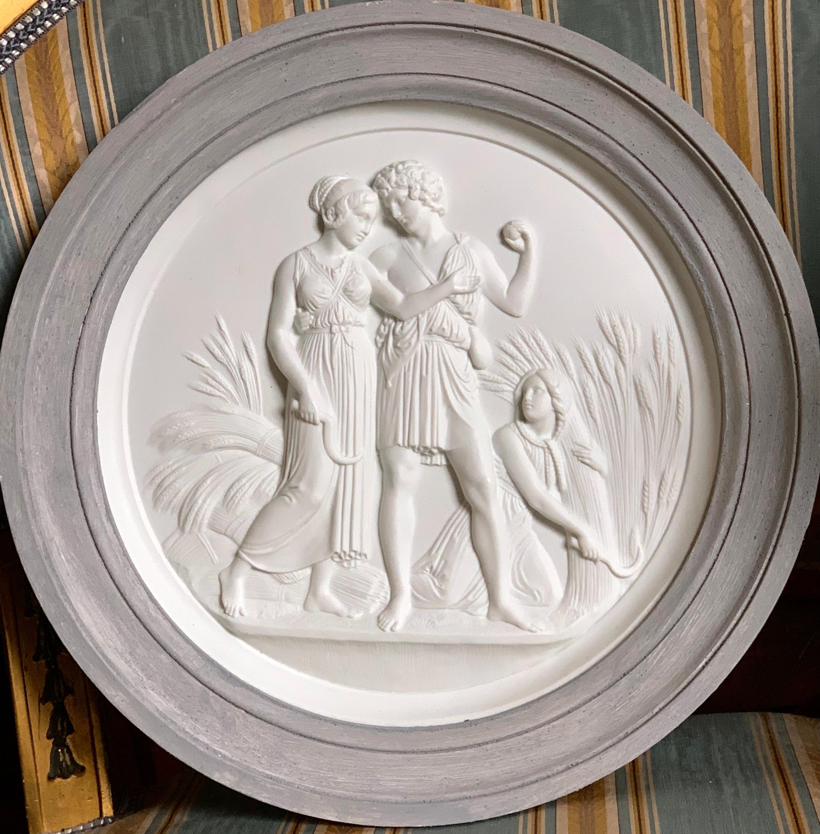 A  rare complete set of  “Four seasons of life”  in Bisque porcelain, in an outstanding diameter 34cm without frame and 46 cm framed. 
After Bertil Thorvaldsen’ marble médaillons carved in Rom in 1836., Few were produced in 1890 by Royal Copenhagen