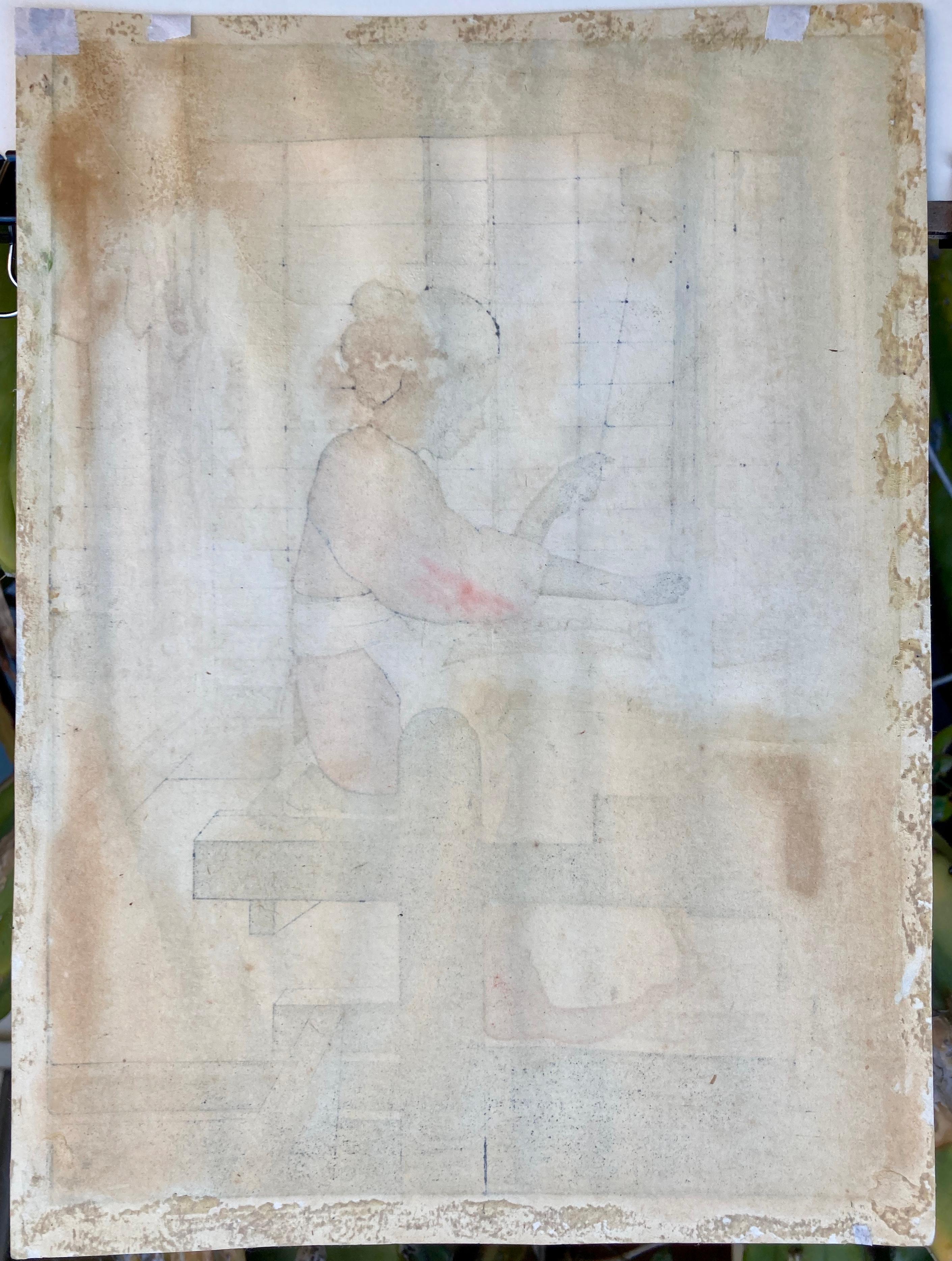 THE SPINNER aka Weaver - Brown Figurative Print by Bertha Boynton Lum