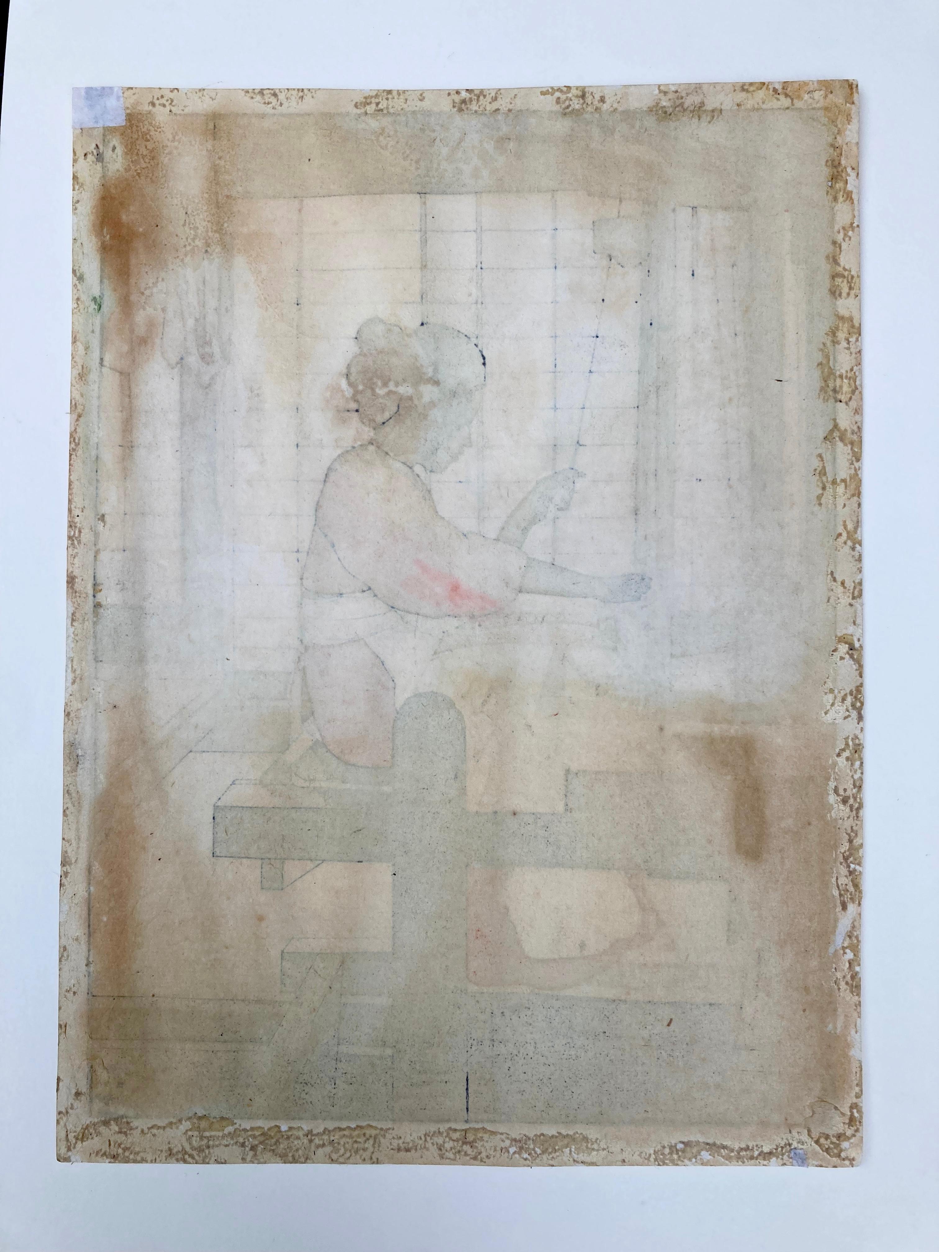 BERTHA LUM (American 1879-1954) 

THE SPINNER, aka The Weaver, 1924
Color woodcut, signed and with copyright date, & no. 1924 in pencil. Image 11 ¼” x 8 ¼” on stiff simili japon paper.  Full sheet 12” x 8” 7/8. Edition unknown with number No. 14 at