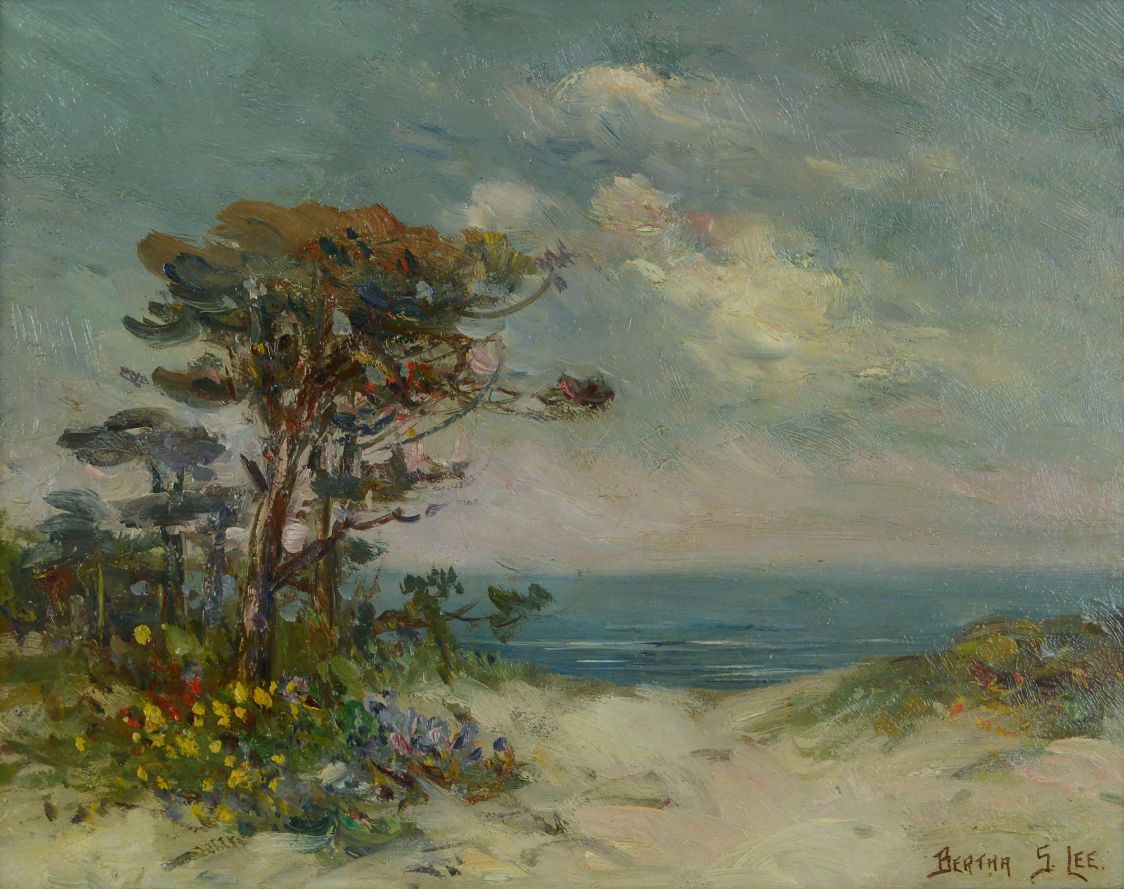 Early 20th Century Monterey Coast Landscape with Cypress Tree & Wildflowers  - Painting by Bertha Elizabeth Stringer Lee