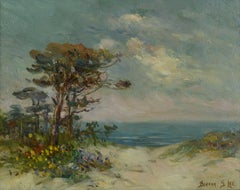 Early 20th Century Monterey Coast Landscape with Cypress Tree & Wildflowers