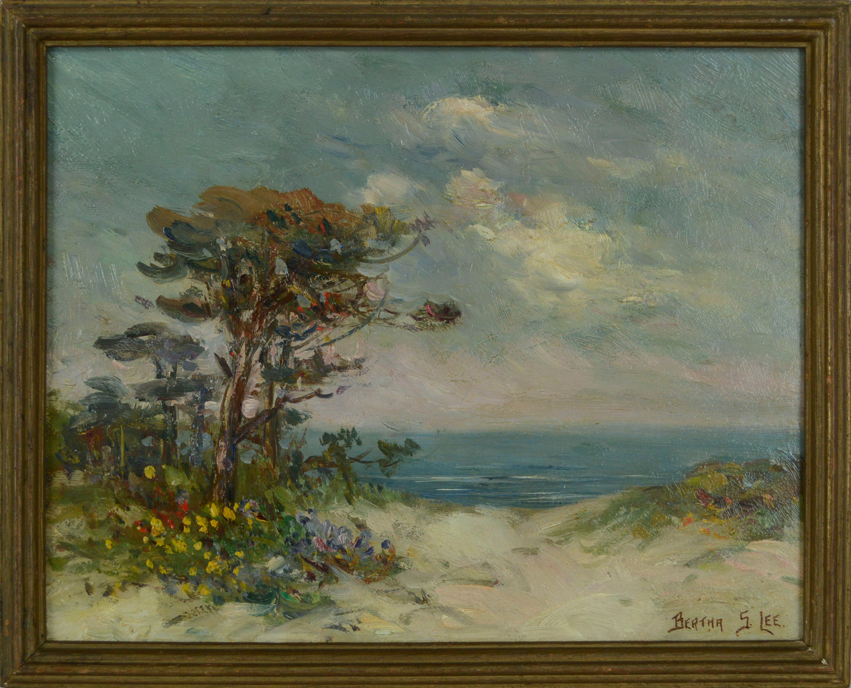 Early 20th Century Monterey Coast Landscape with Cypress Tree & Wildflowers 