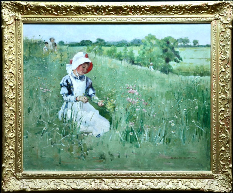 Bertha Picking Wildflowers 19th Century Oil, Figures in