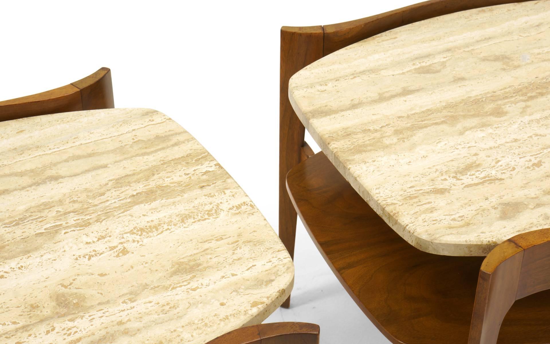 Italian Bertha Schaefer End or Side Tables Walnut with Travertine Tops