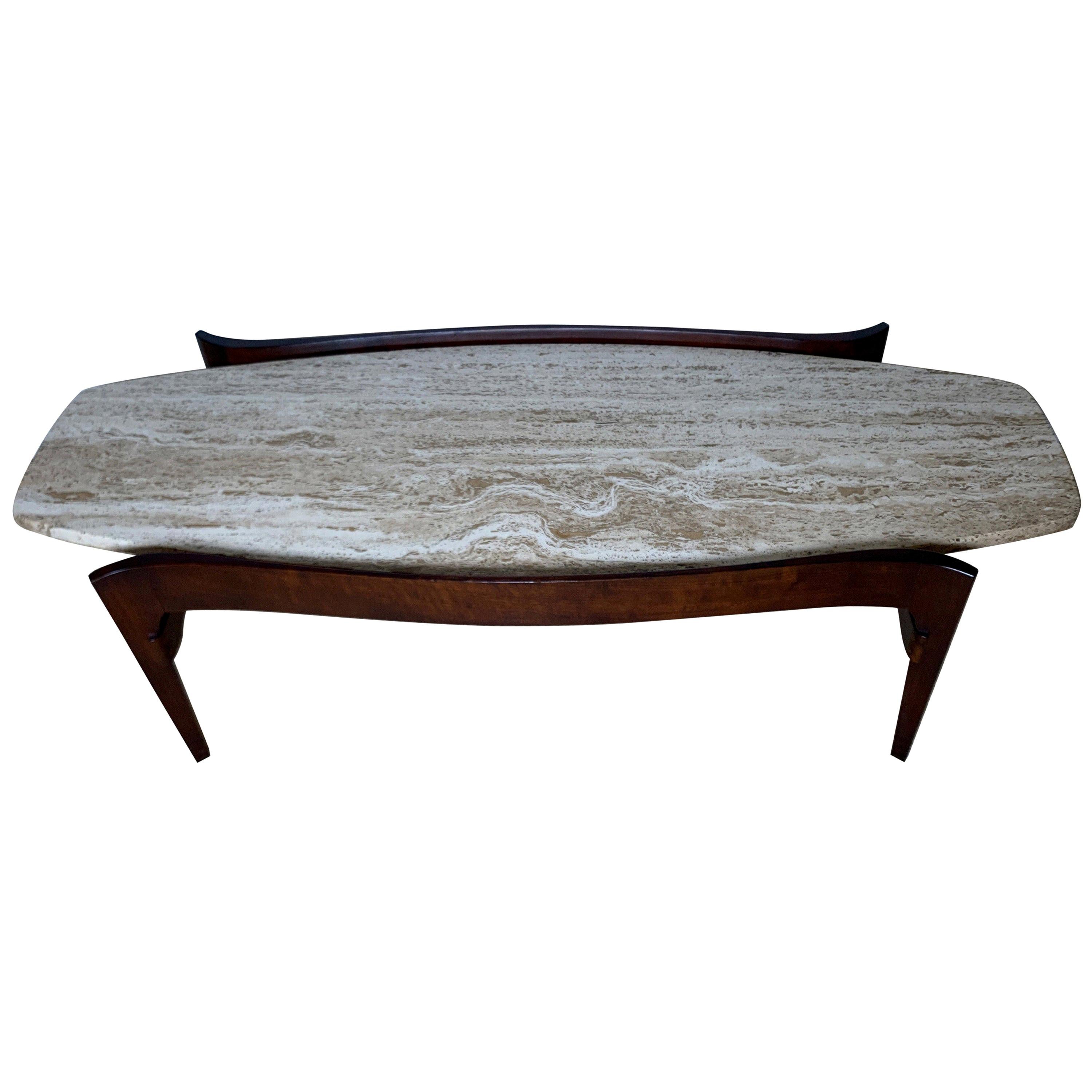 Bertha Schaefer for M. Singer & Sons Walnut and Travertine Coffee Table