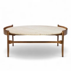 Bertha Schaefer for Singer & Sons Mid Century Travertine and Walnut Coffee Table