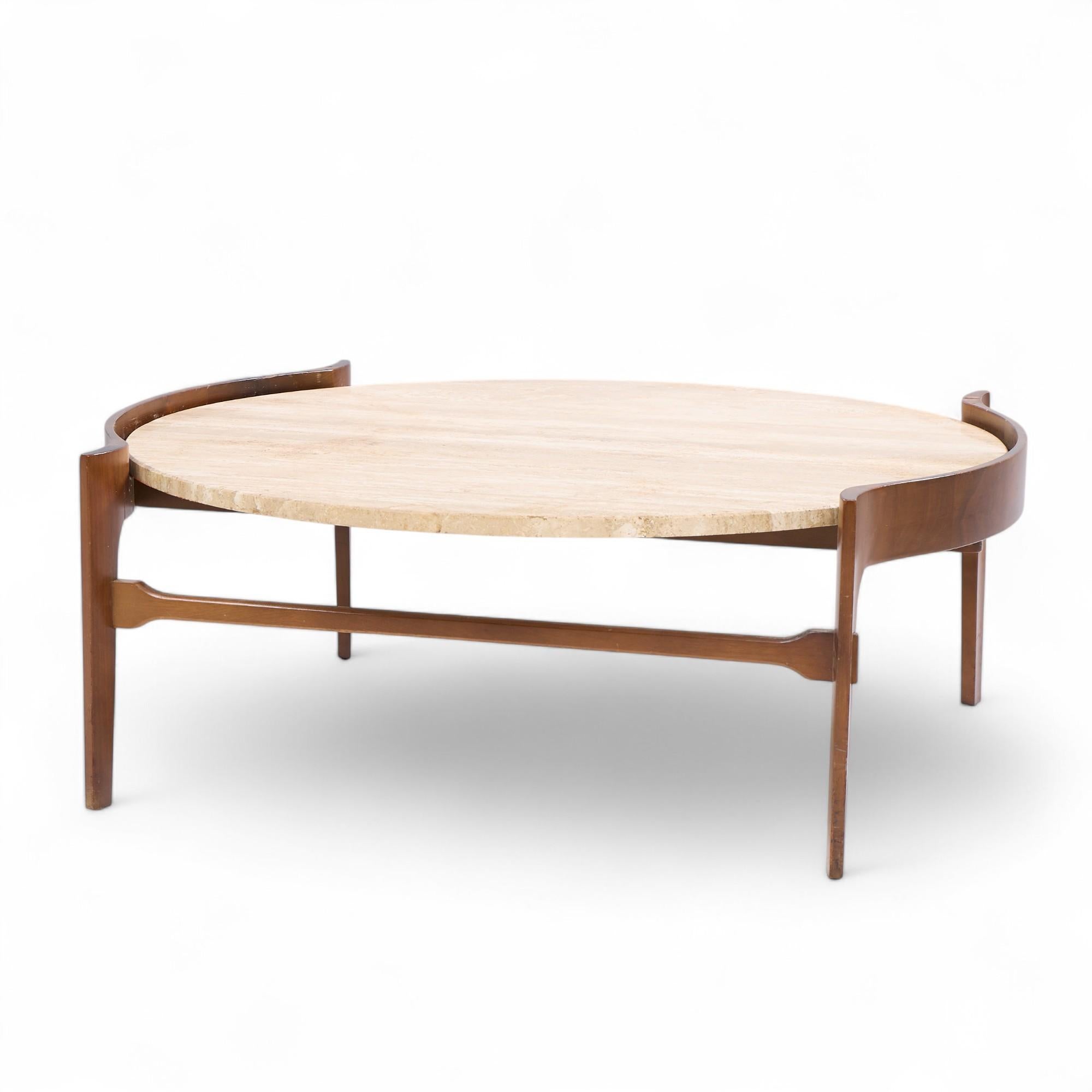 Mid-Century Modern Table basse en travertin et noyer du milieu du siècle de Bertha Schaefer pour Singer & Sons en vente