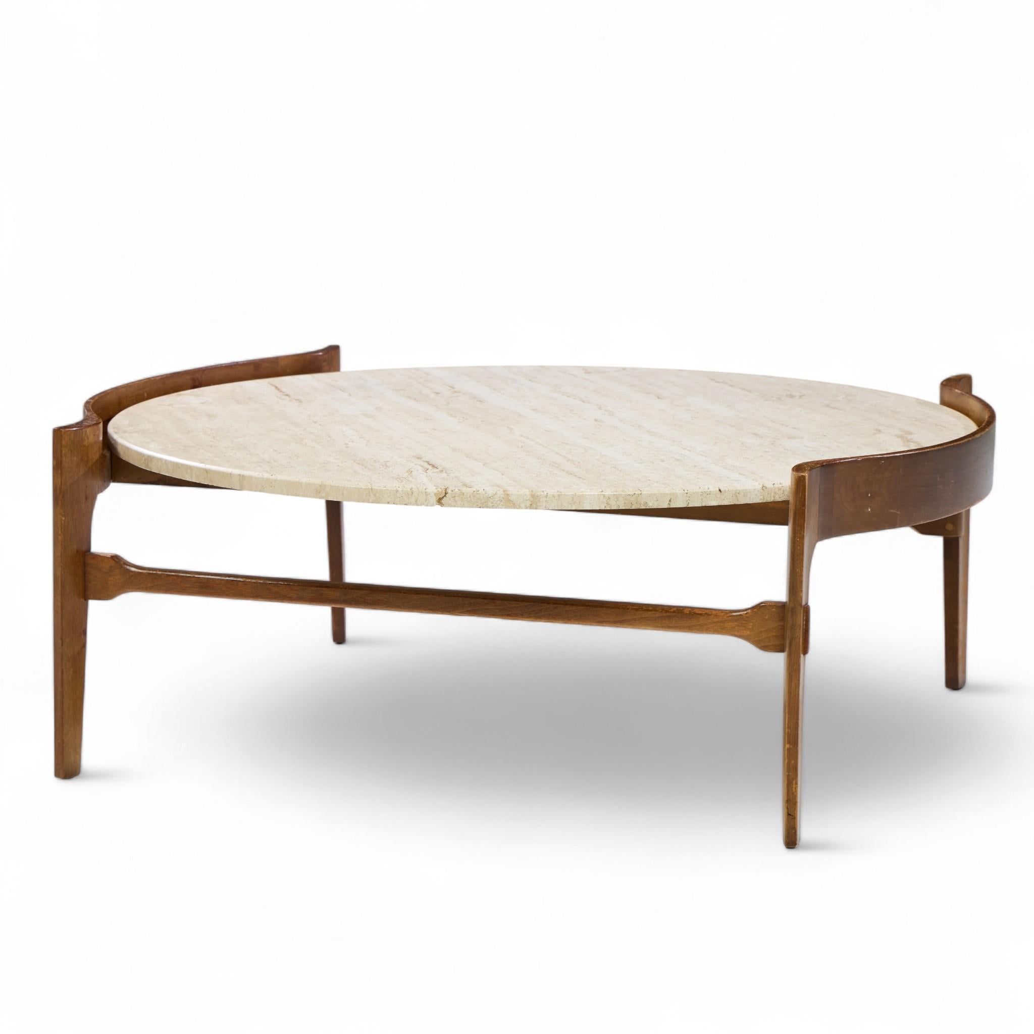 Mid-Century Modern Bertha Schaefer for Singer & Sons Mid Century Travertine and Walnut Coffee Table en vente