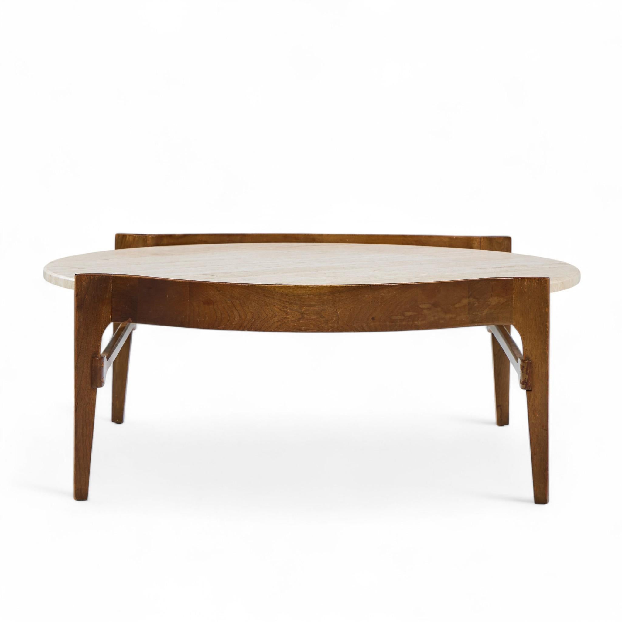 Bertha Schaefer for Singer & Sons Mid Century Travertine and Walnut Coffee Table Bon état - En vente à Franklin Park, IL