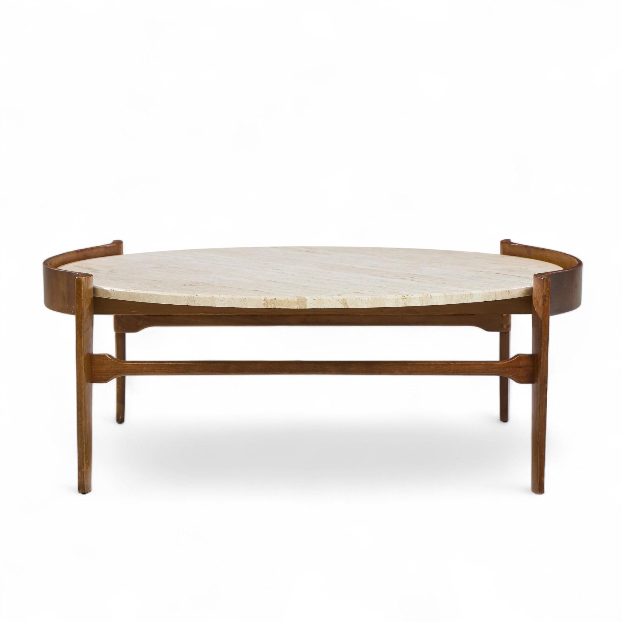 20ième siècle Bertha Schaefer for Singer & Sons Mid Century Travertine and Walnut Coffee Table en vente