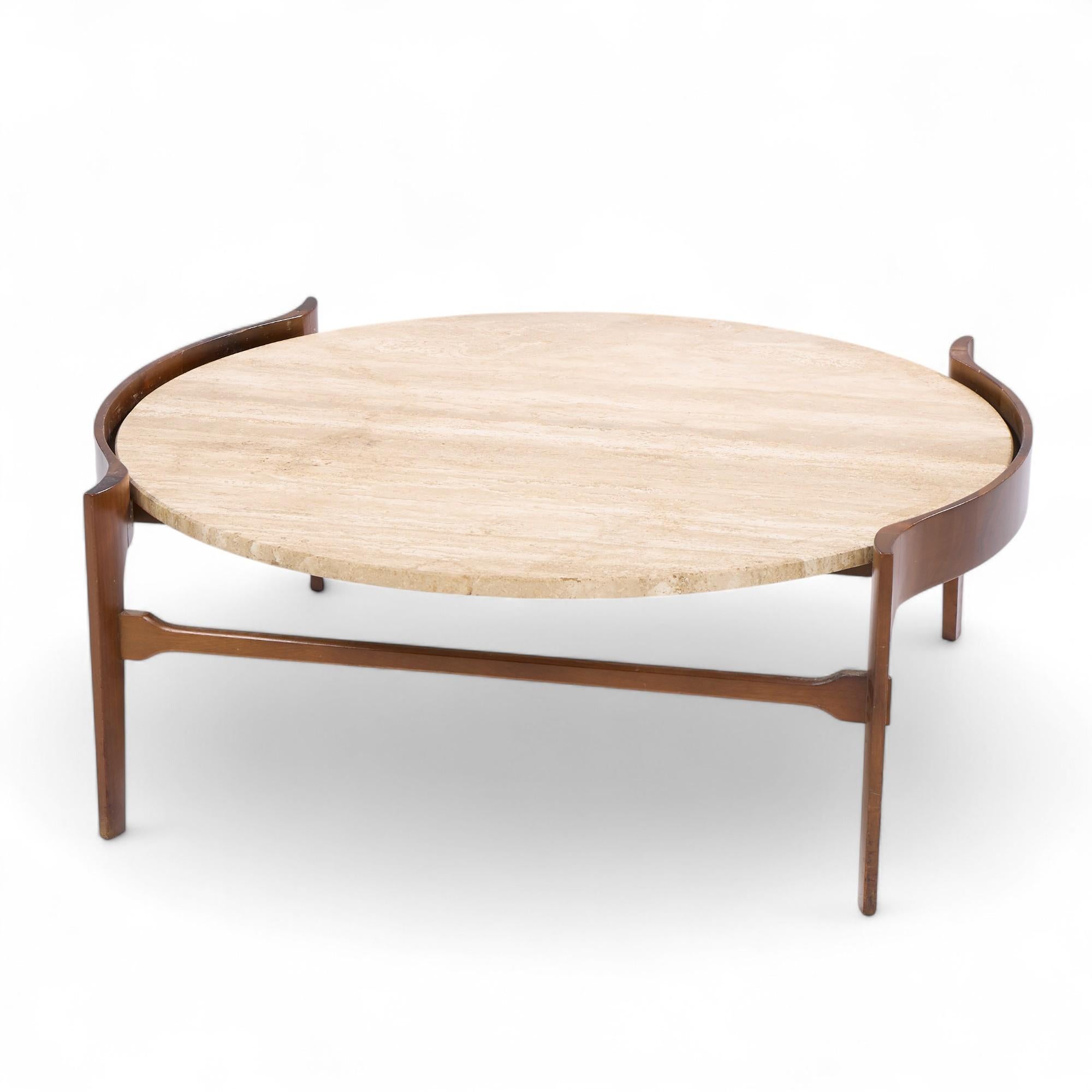 Travertin Table basse en travertin et noyer du milieu du siècle de Bertha Schaefer pour Singer & Sons en vente