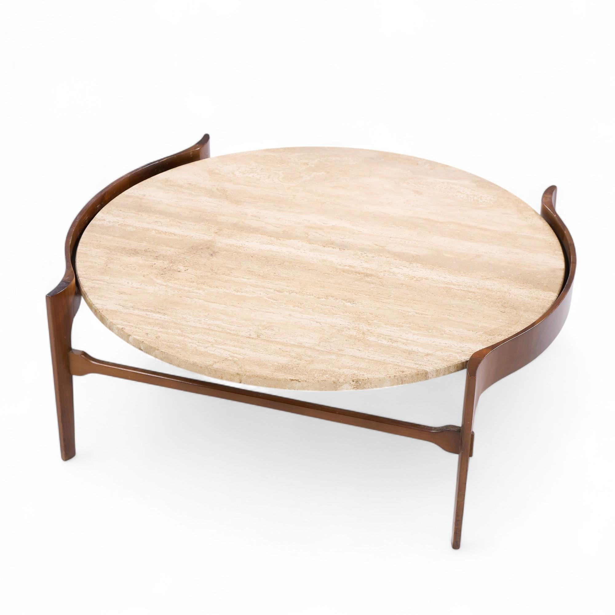 Table basse en travertin et noyer du milieu du siècle de Bertha Schaefer pour Singer & Sons en vente 1