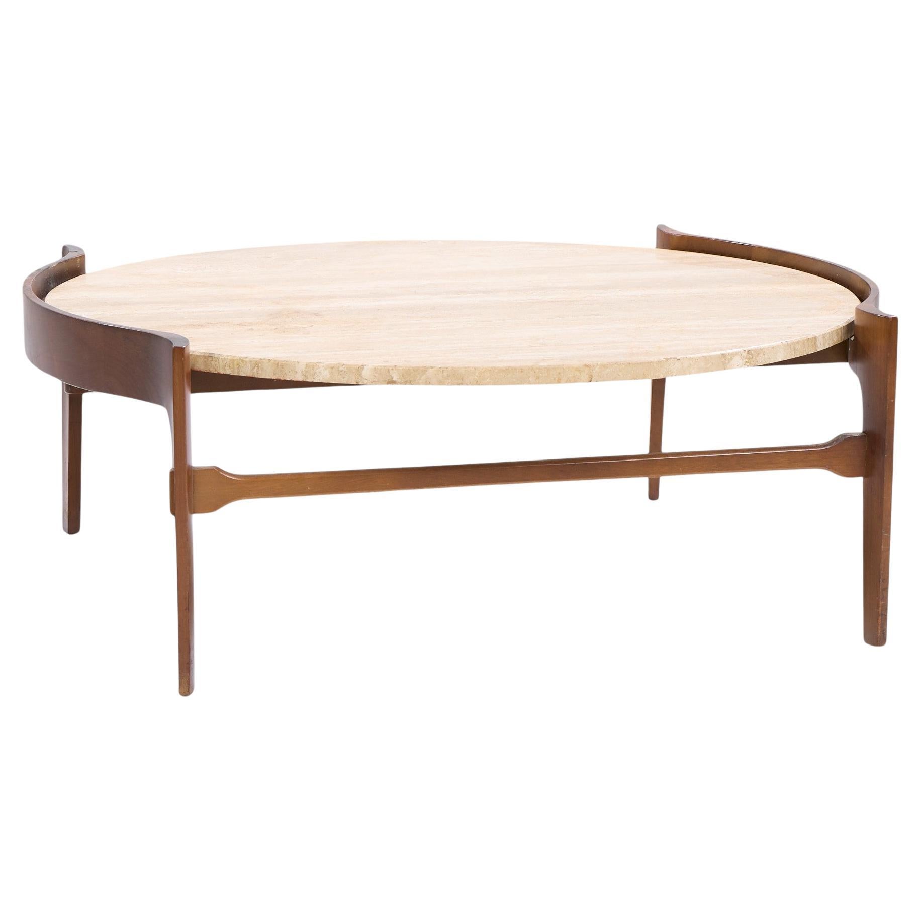 Table basse en travertin et noyer du milieu du siècle de Bertha Schaefer pour Singer & Sons