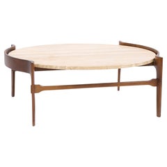 Table basse en travertin et noyer du milieu du siècle de Bertha Schaefer pour Singer & Sons