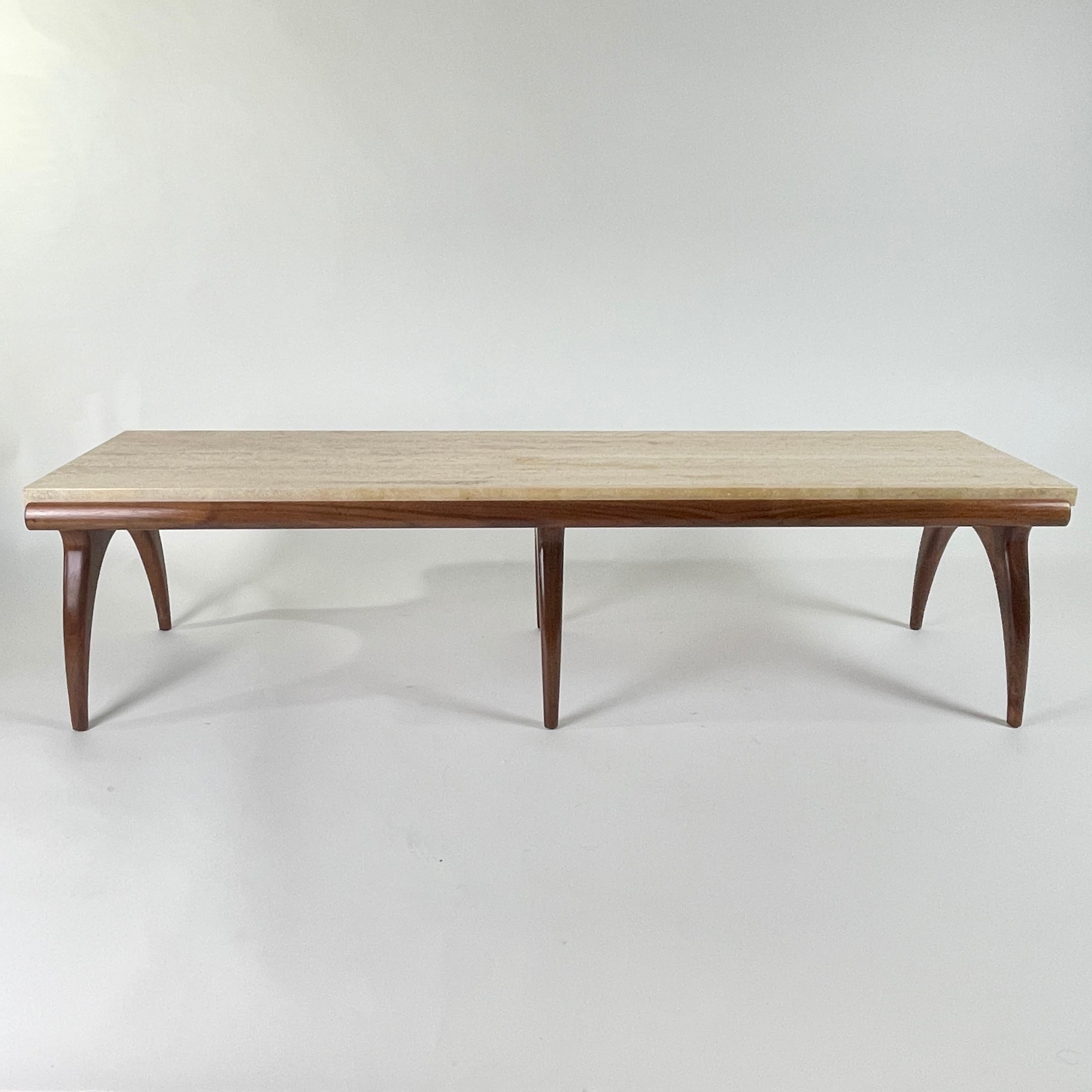 American Bertha Schaefer for Singer & Sons Rare Sculptural Travertine & Walnut Table