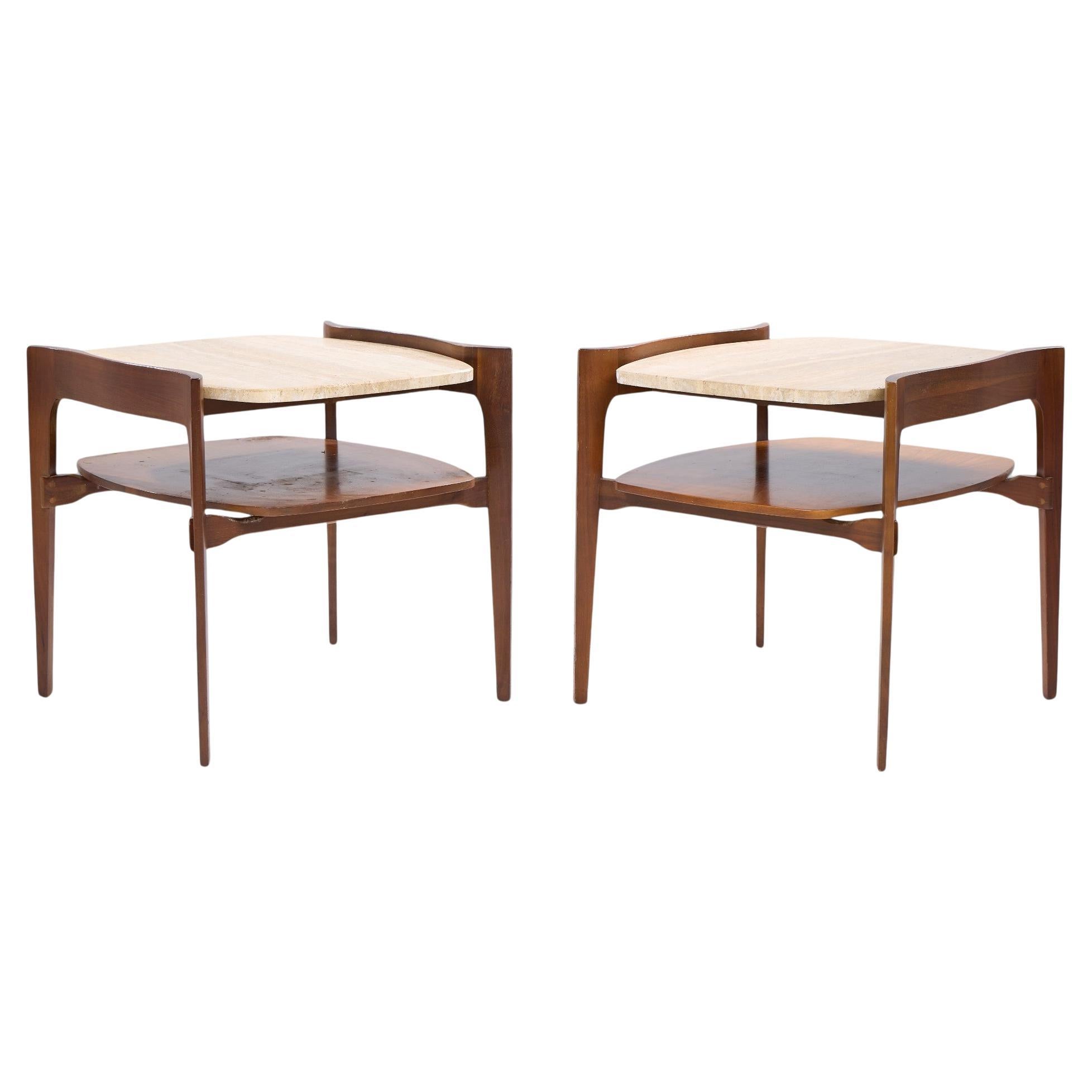 Tables d'appoint en travertin sculpté et noyer Bertha Schaefer for Singer & Sons - Paire