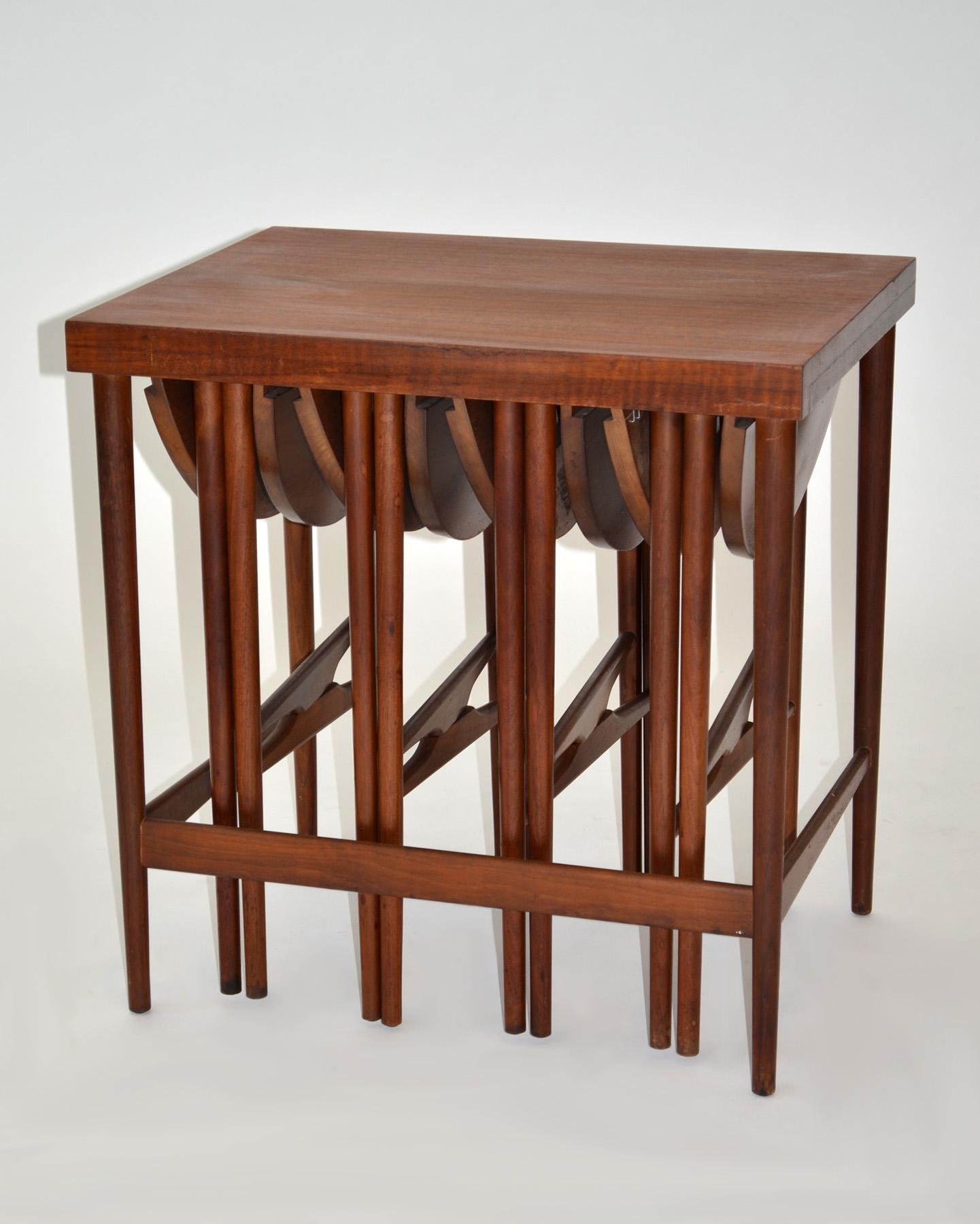Bertha Schaefer for Singer & Sons Walnut Nesting Serving Tables 1950s

Introducing an iconic creation from the mid-century modern era, we proudly present the exceptional set of nesting serving tables meticulously crafted by the visionary Bertha