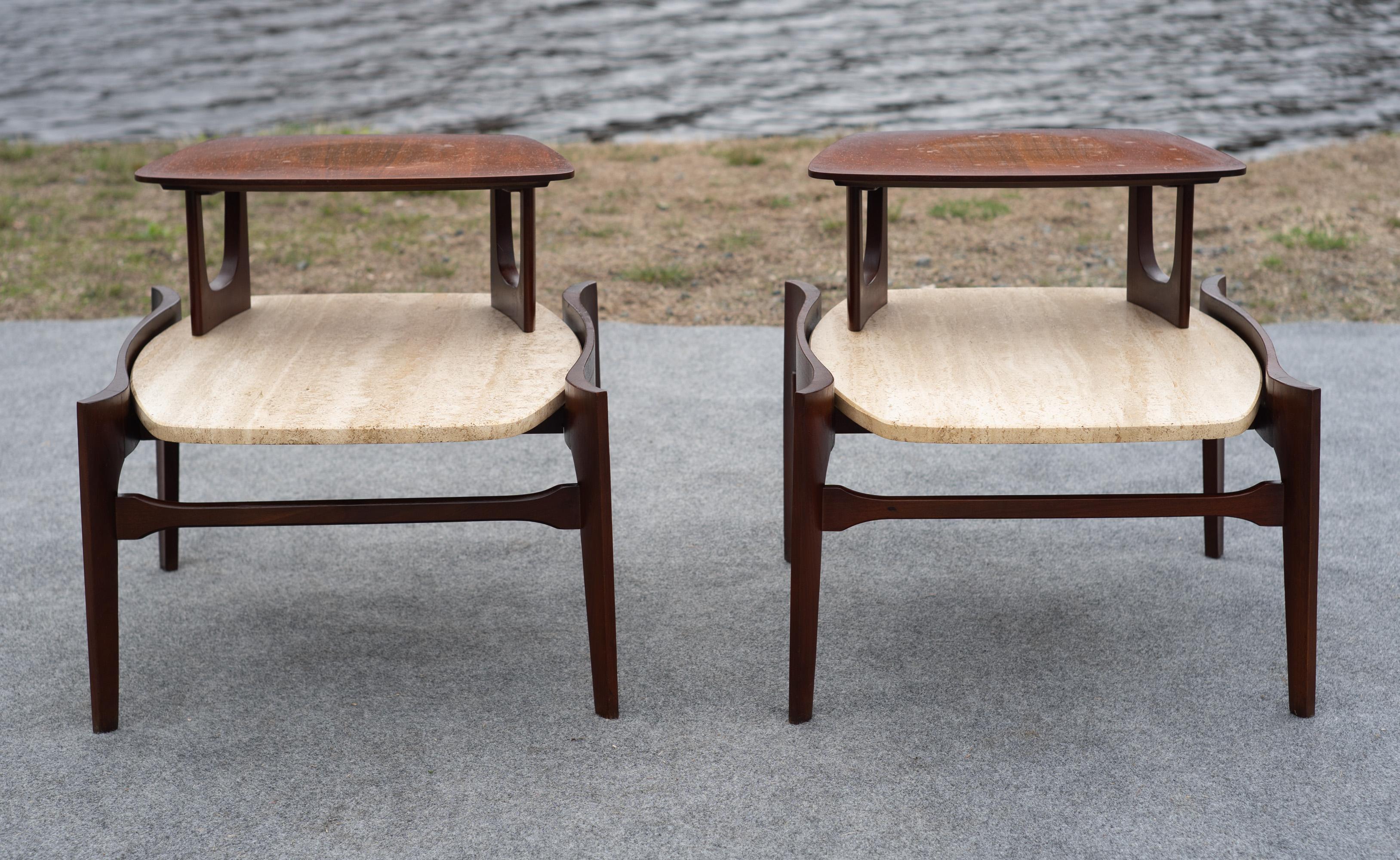 Bertha Schaefer for Singer & Sons Walnut & Travertine Marble Living Table Set For Sale 4