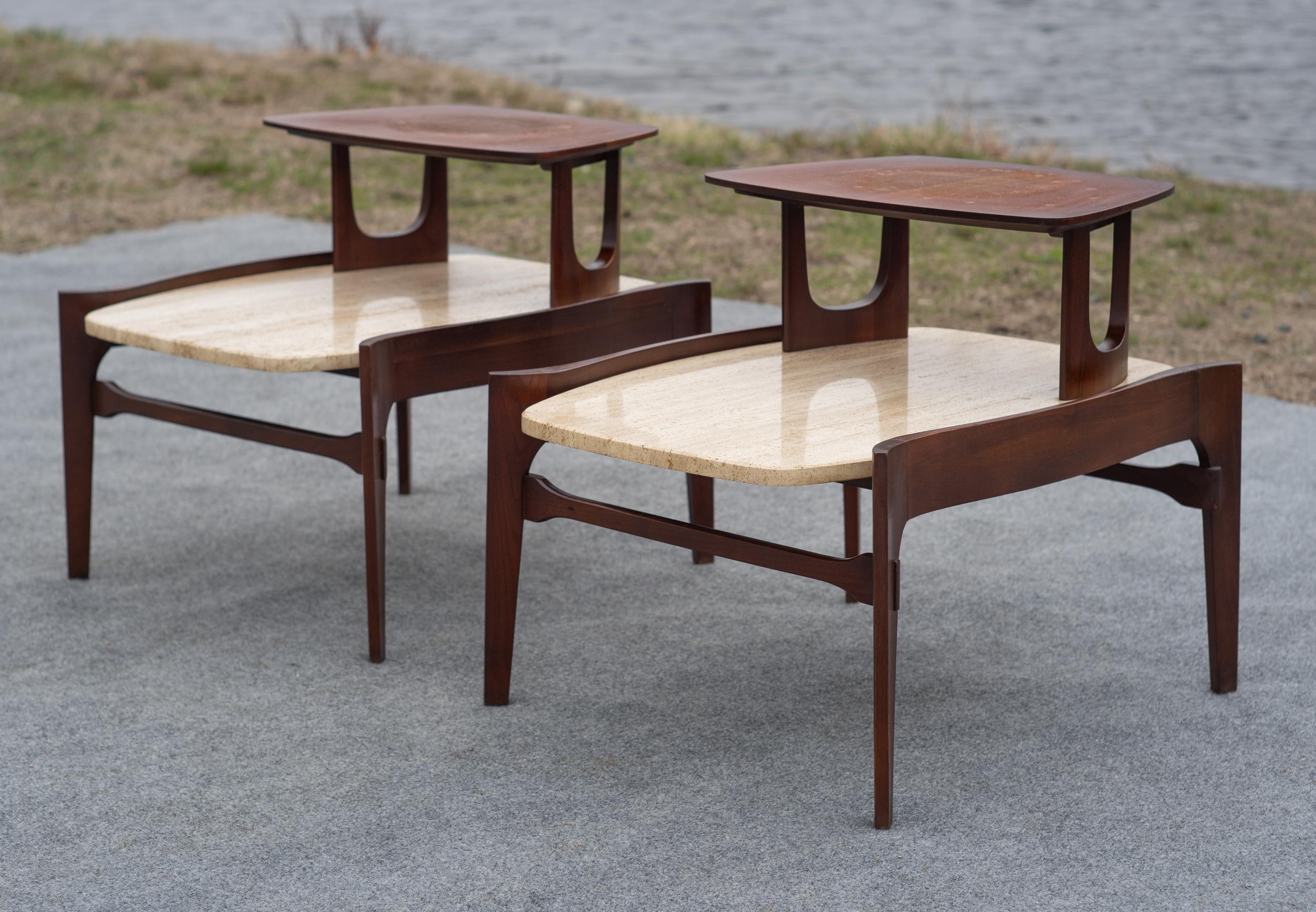 Bertha Schaefer for Singer & Sons Walnut & Travertine Marble Living Table Set For Sale 5