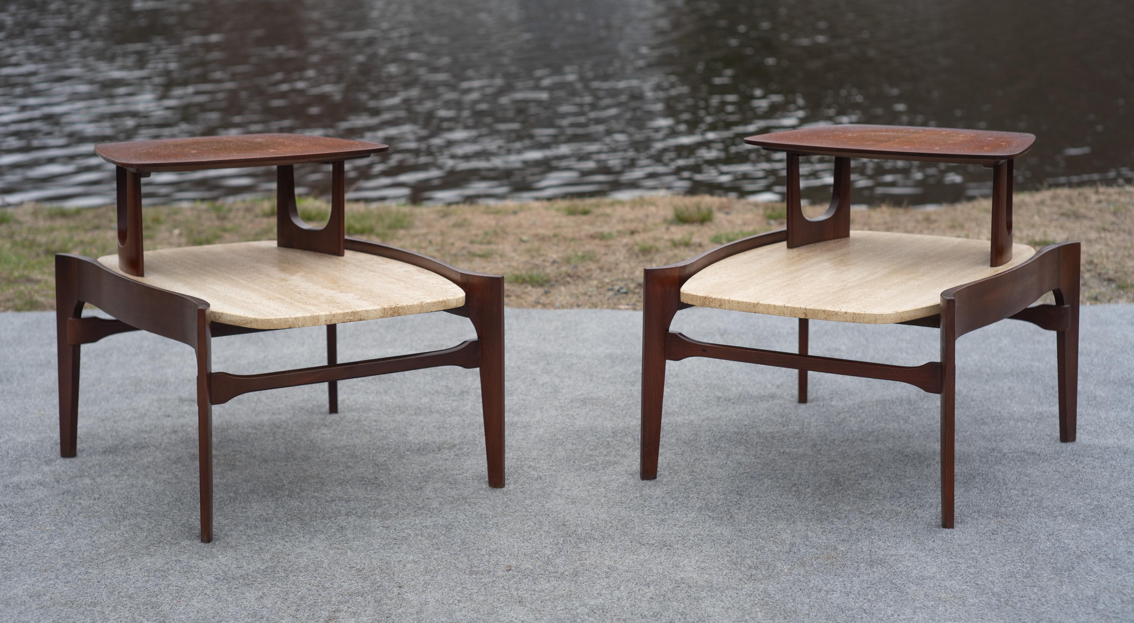 Bertha Schaefer for Singer & Sons Walnut & Travertine Marble Living Table Set For Sale 7