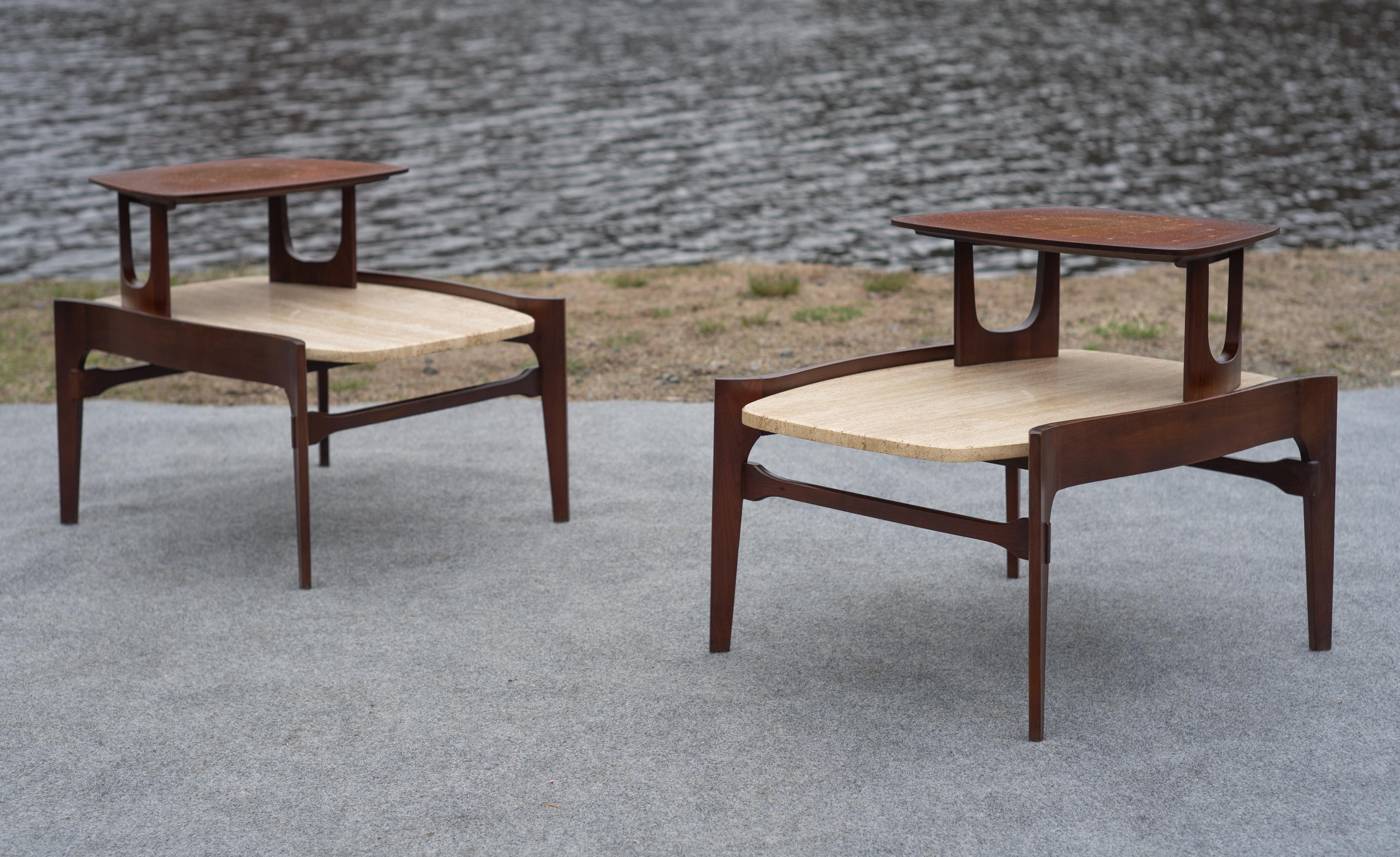 Bertha Schaefer for Singer & Sons Walnut & Travertine Marble Living Table Set For Sale 8