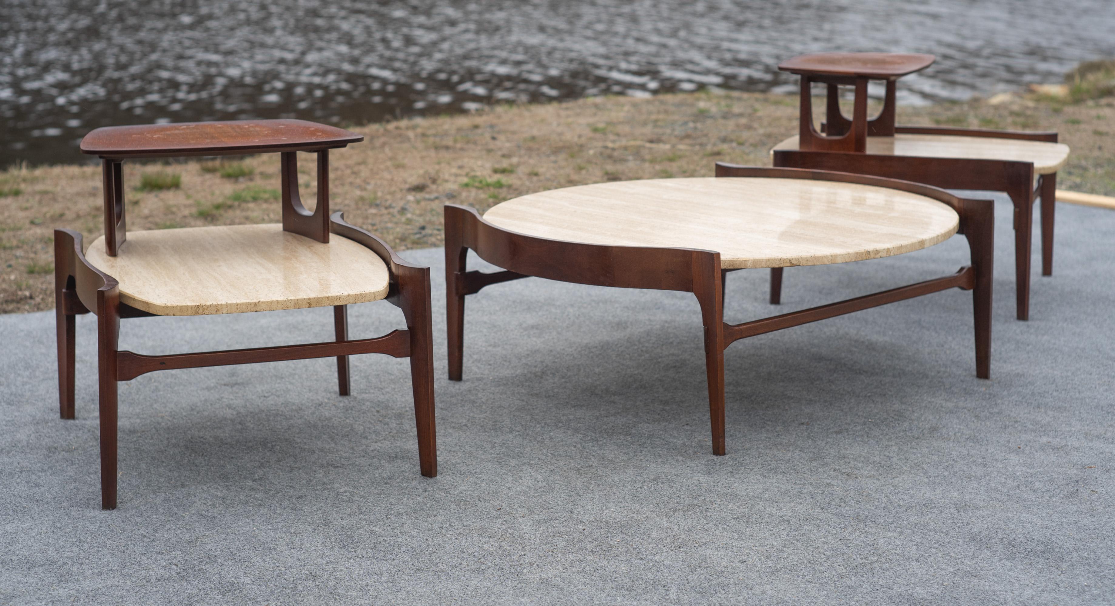 Mid-Century Modern Bertha Schaefer for Singer & Sons Walnut & Travertine Marble Living Table Set For Sale