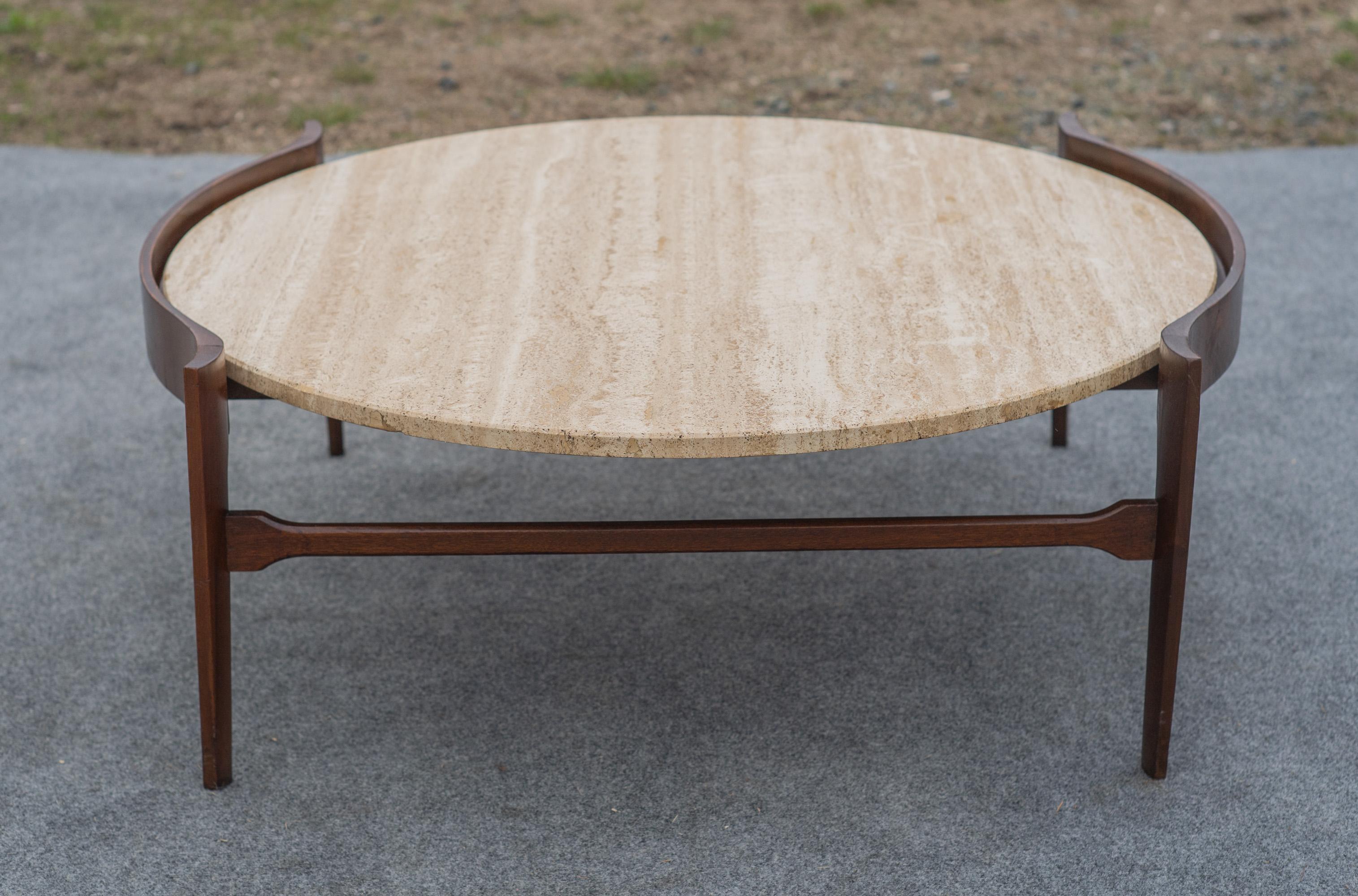 Italian Bertha Schaefer for Singer & Sons Walnut & Travertine Marble Living Table Set For Sale