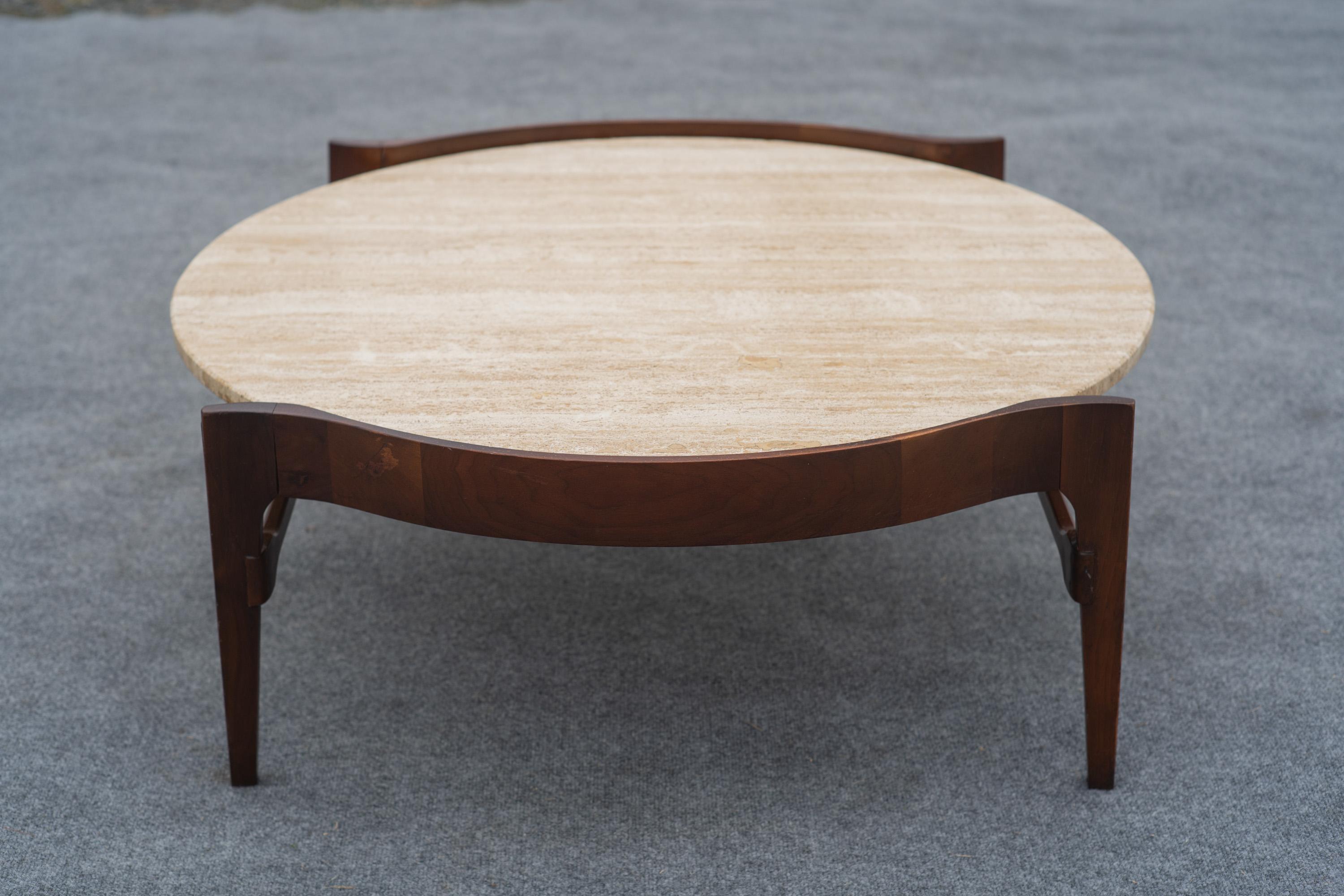 Polished Bertha Schaefer for Singer & Sons Walnut & Travertine Marble Living Table Set For Sale