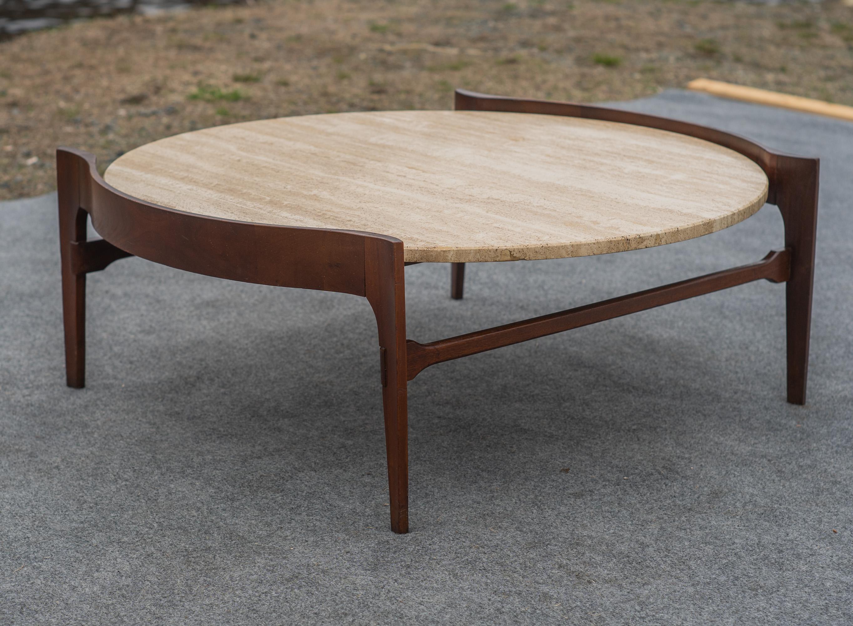 Mid-20th Century Bertha Schaefer for Singer & Sons Walnut & Travertine Marble Living Table Set For Sale
