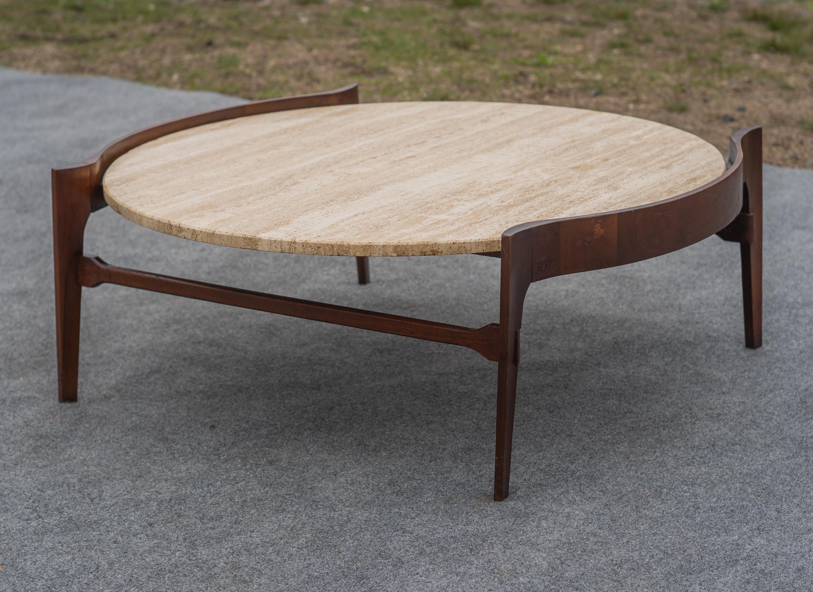 Bertha Schaefer for Singer & Sons Walnut & Travertine Marble Living Table Set For Sale 1