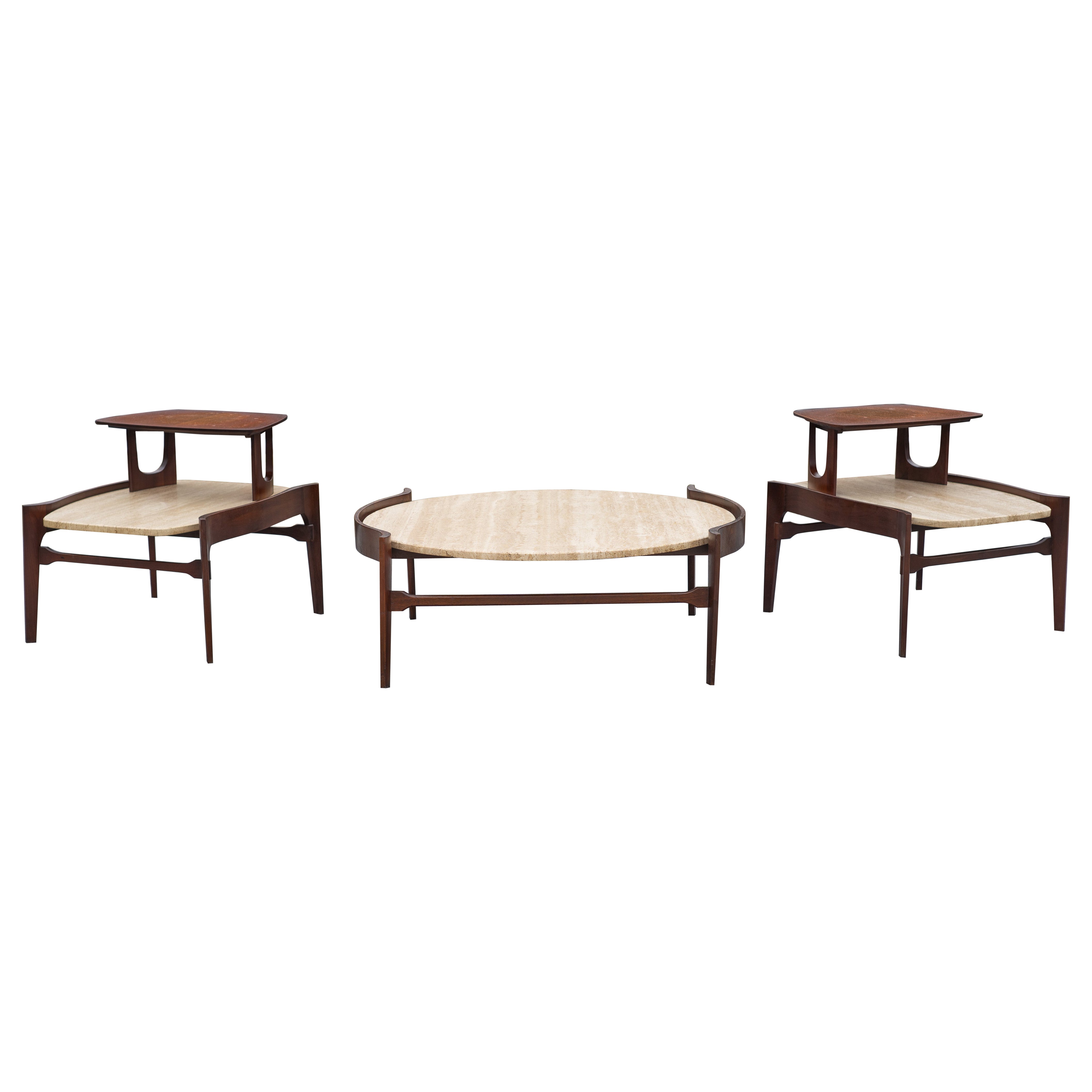 Bertha Schaefer for Singer & Sons Walnut & Travertine Marble Living Table Set