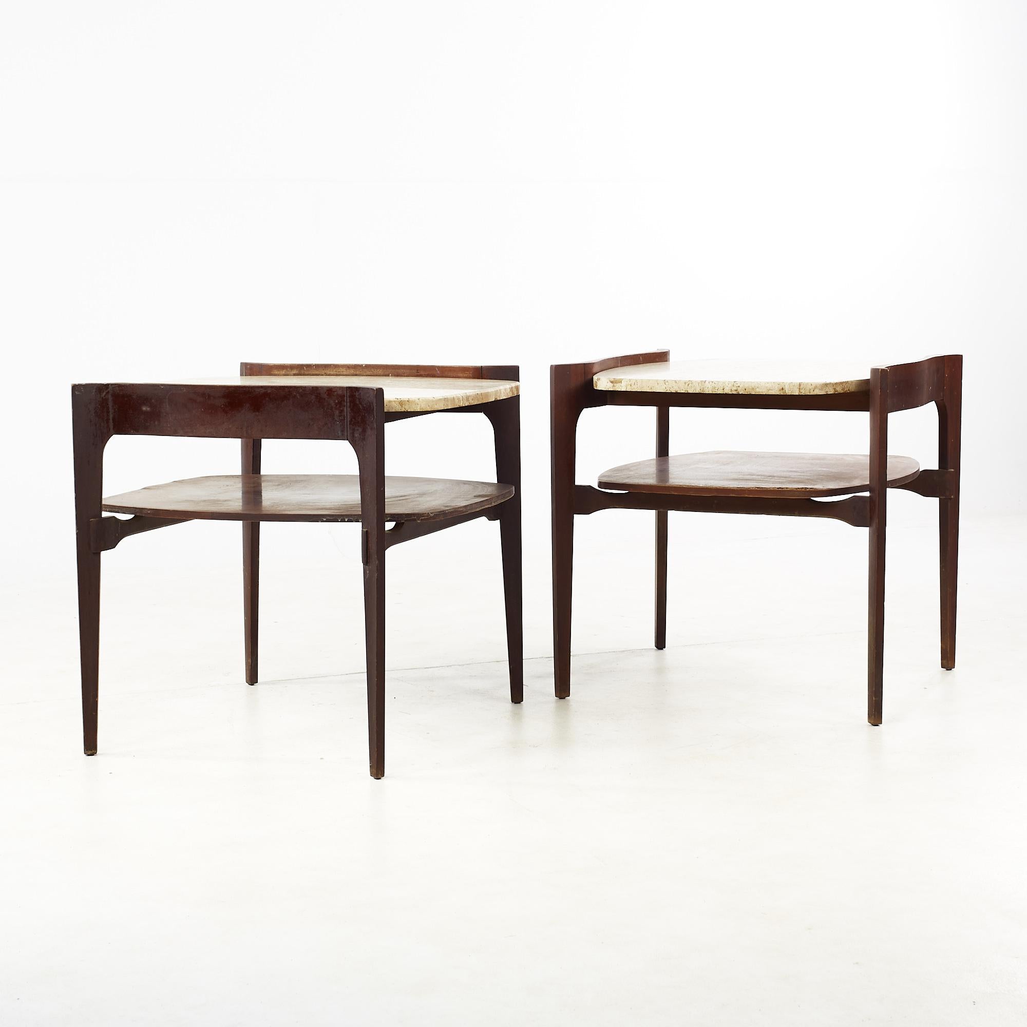 Bertha Schaefer mid century sculpted walnut and italian travertine side tables - pair

Each table measures: 24 wide x 23 deep x 22.5 inches high.

All pieces of furniture can be had in what we call restored vintage condition. That means the